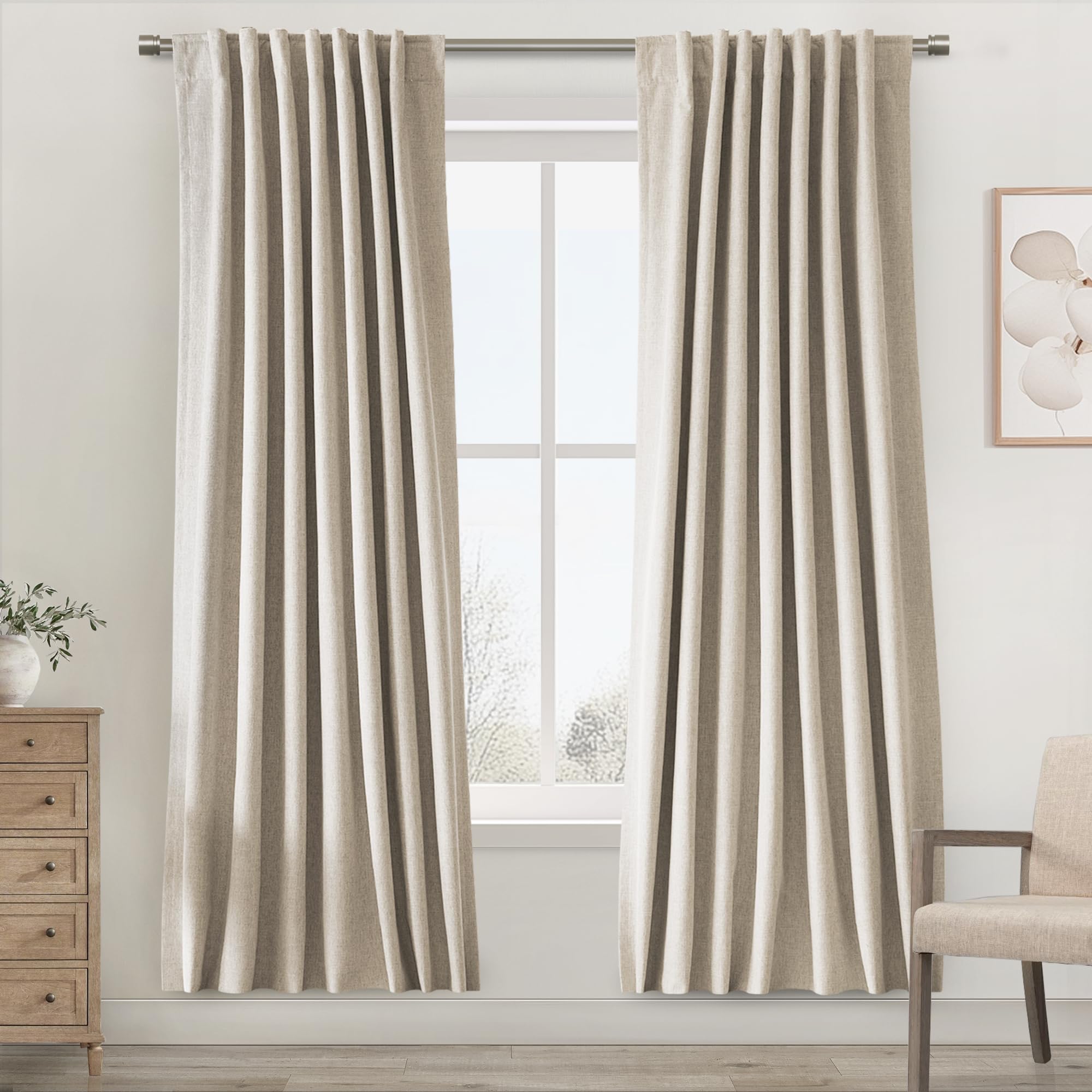 UHITECH Blackout Curtains for Living Room Window Linen 100% Black Out Curtain 80 Inch Long Bedroom Back Tab Thermal Insulated Nursery Drapes