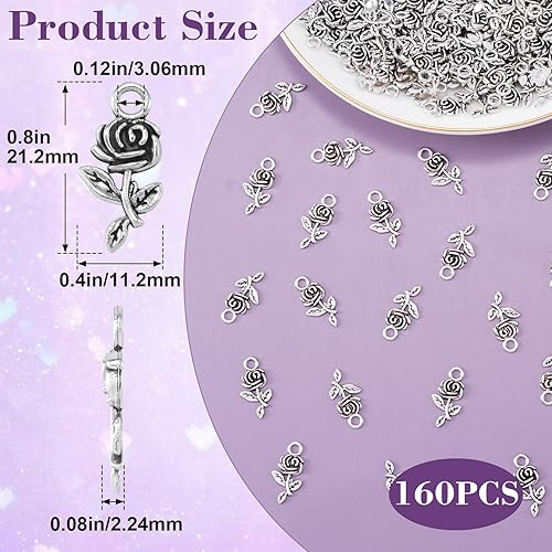 Miniatura 8 de OIIKI 100 dijes de rosas 3D, colgantes de aleación de mini rosas, dije de rosa retro chapado en plata para hacer joyas, collares, pulseras y aretes