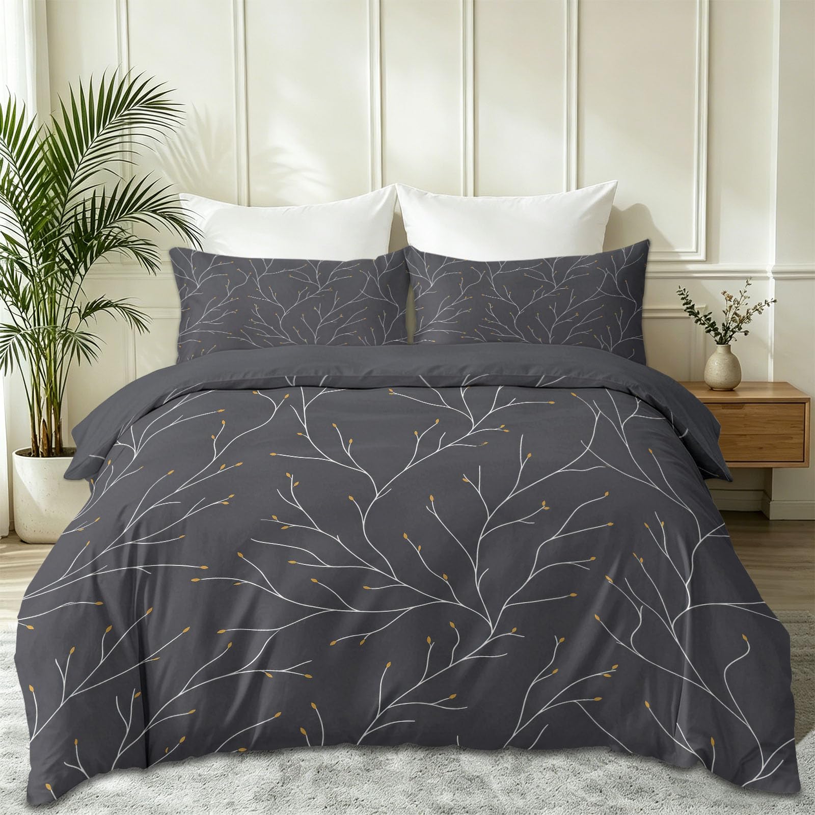 Gris Parure de Lit 3 Pièces Lignes Moderne Feuilles Plantes Literie, Douce Housse de Couette 140 x 200 cm et 2 taies d'oreiller, Parure de lit 2 Personnes avec Fermeture éclair, Minimalist