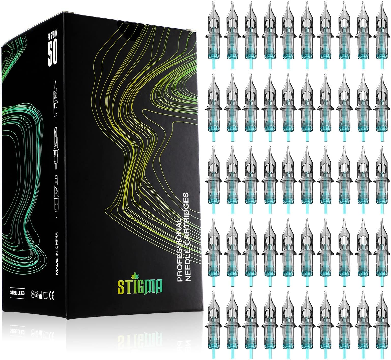 STIGMA Aquamarine Knight Tattoo Cartridges Assorted 50pcs of Round Liner #12 RL (1201RL 1203RL 1205RL 1207RL 1209RL) 0.35mm Disposable Tattoo Cartridge Needles EN02B-50KIT-Q