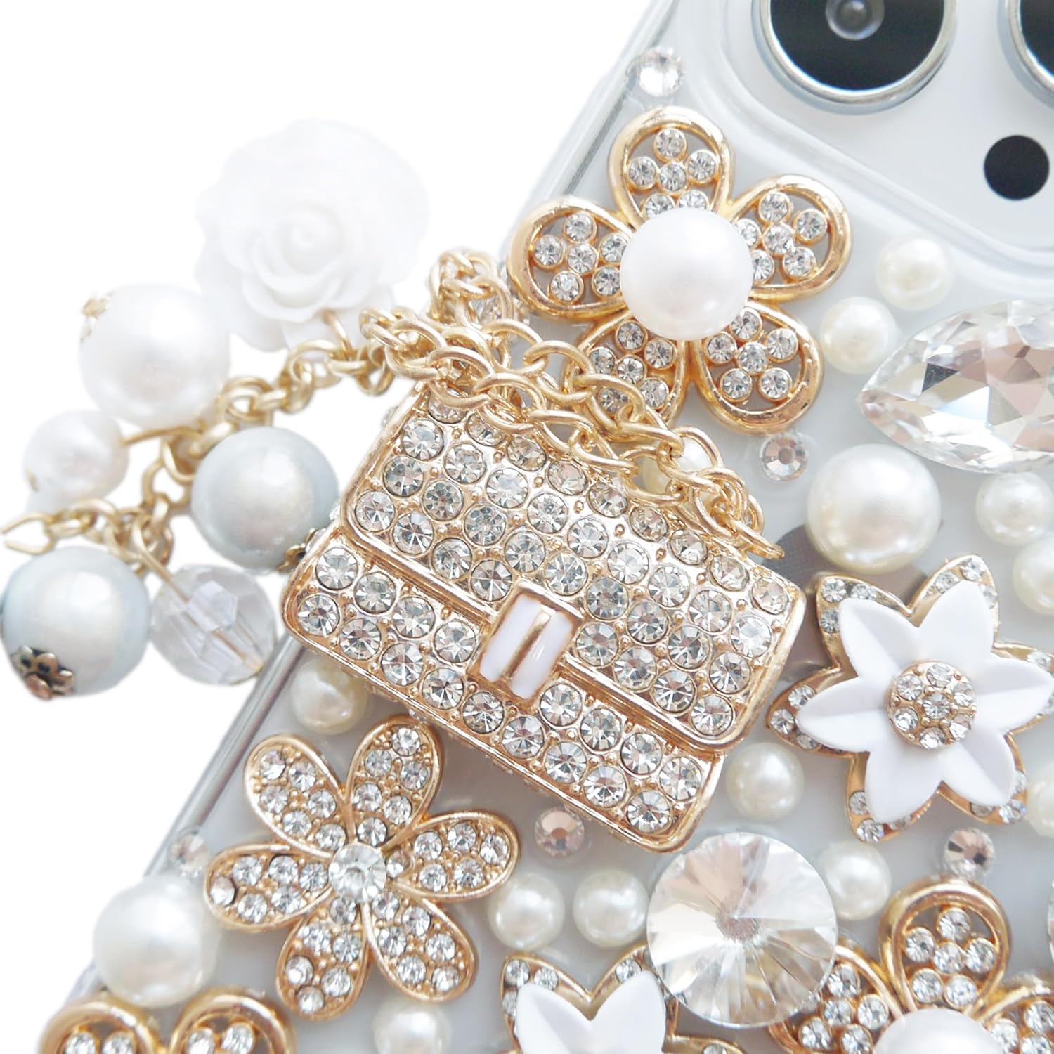Compatible with iPhone 17 Women Case, Girly Handbag Design Sparkly Rhinestone Cover, Cute Bling Diamond Snow Flower, Beauty 6.3 inch 2025