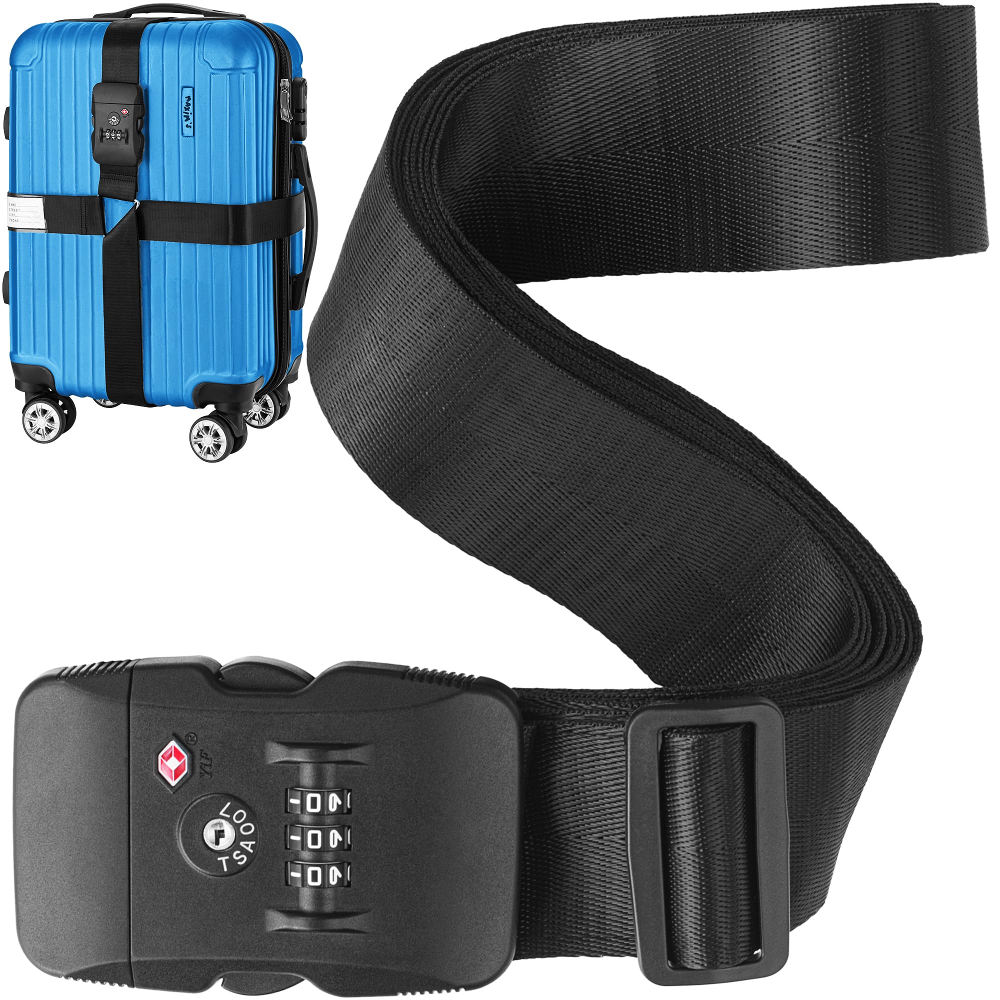 Cinghia Bagaglio Con Lucchetto TSA A Combinazione - Cintura Di Sicurezza Regolabile Per Valigia, Colore Nero/Rosso, Protezione Anti Apertura