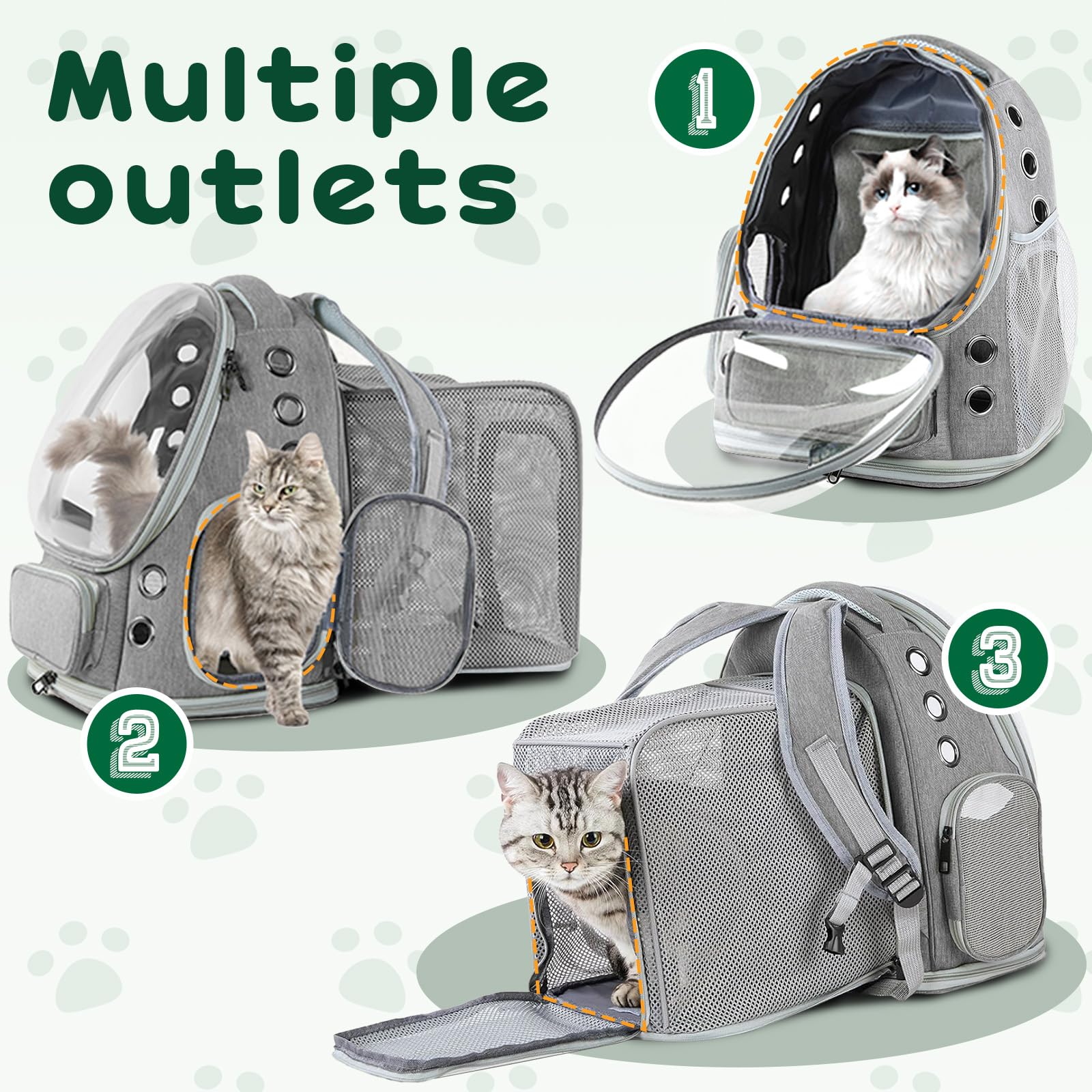 Erweiterbar Katzenrucksack mit Fenster Katzenrucksack Hunderucksack Geeignet für 3–5 kg Katzen Cat Backpack mit Innerer Sicherheitsleine und Haustiermatte für Auto Wandern Grau 42x32x24-57cm