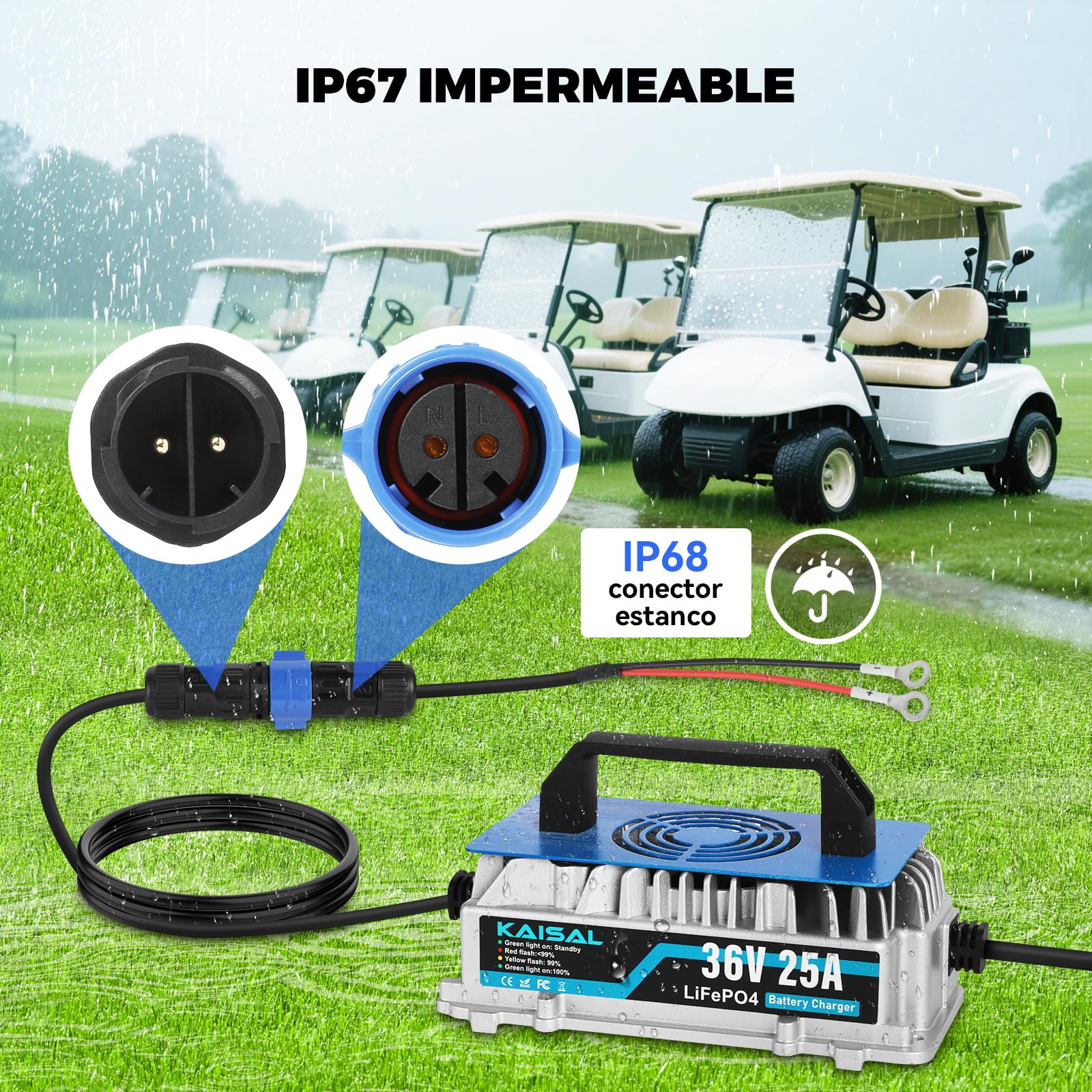 KAISAL 43.8V 25A Cargador de Bateria Litio, Cargador para 36V/38.4V Bateria LiFePO4, Cargador de Bateria Litio IP67 Impermeable,Carga Inteligente Automática,Función de Protección de Seguridad