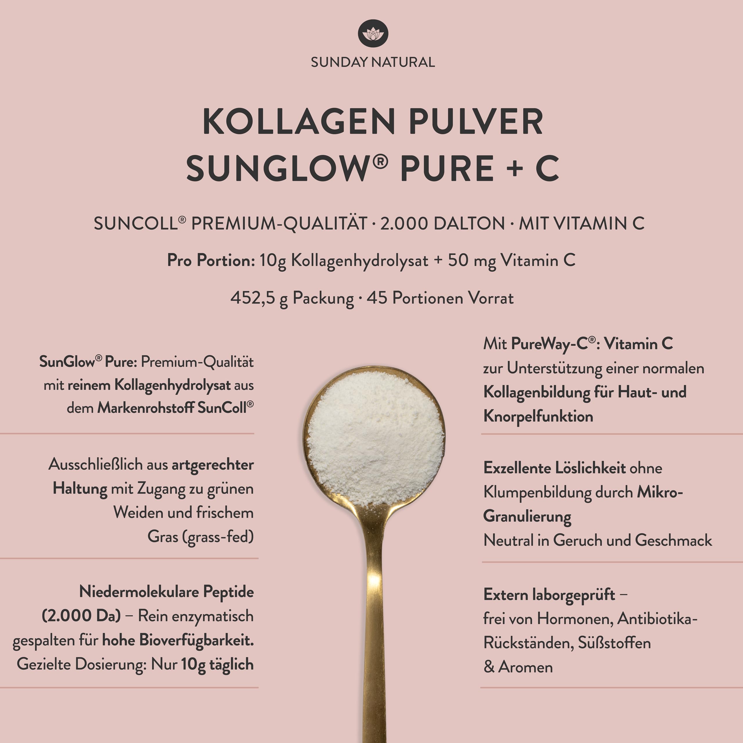 SUNDAY NATURAL® Kollagen Pulver SunGlow® Pure – 452g – Premium Collagen Pulver mit Vitamin C – Bioaktives Kollagen Hydrolysat – Hergestellt aus Kollagen Typ 1 & 3 – Exzellente Löslichkeit – Neutral