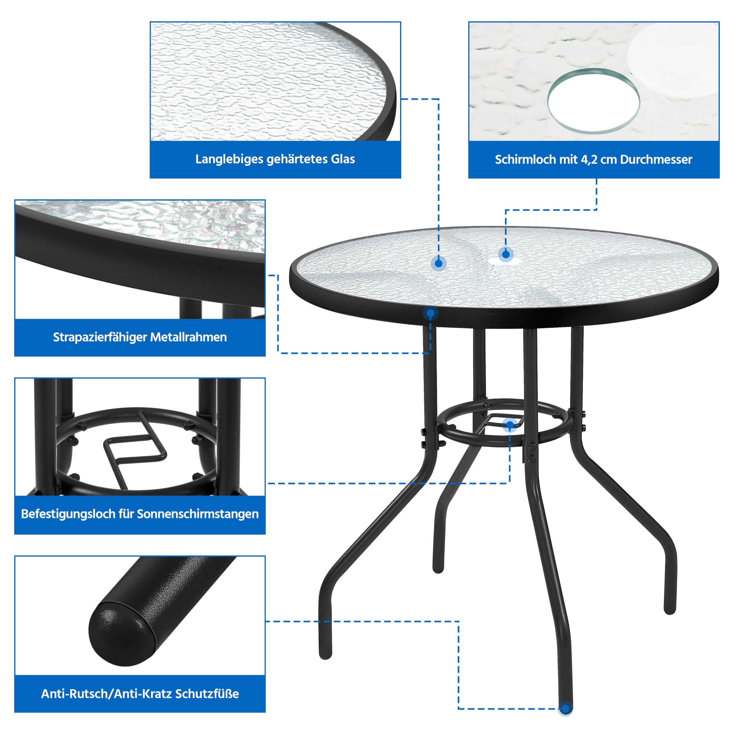 Yaheetech Ø70 cm Gartentisch Bistrotischrund Glastisch, Pflegeleichter Balkontisch mit Schirmloch & Glasplatte Terrassentisch Kaffeetisch Terrassentisch aus Metall für Garten/Balkon/Terrasse, Schwarz
