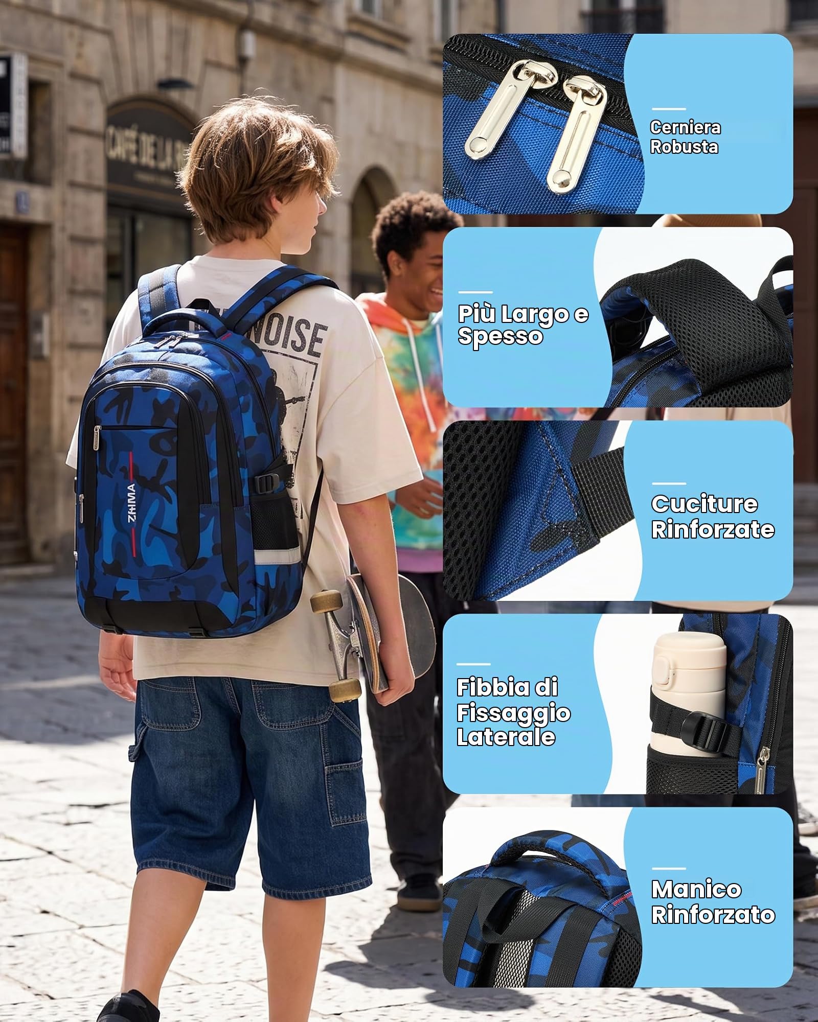 Tanou Zaino Scuola per Ragazzi, Zaino Media Ragazzo Traspirante | 28L Grande Capacità, Zaini Casual Mimetico en Nylon Impermeabile Buono per La Scuola e i Viaggi, Blu