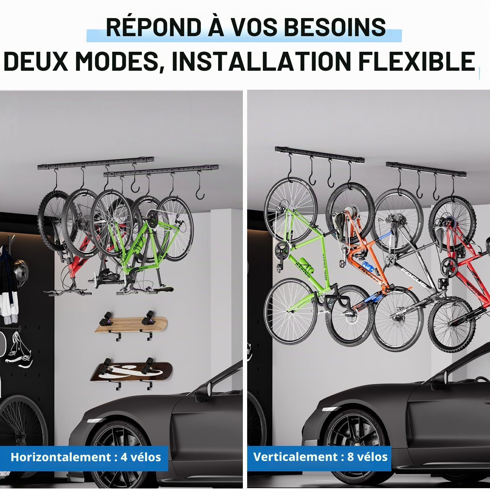 Urban Deco Support de vélo monté au plafond pour garage, système de cintres de vélo avec 8 crochets de plafond réglables, peut contenir 4 à 8 vélos, solutions de rangement de vélos de garage pour