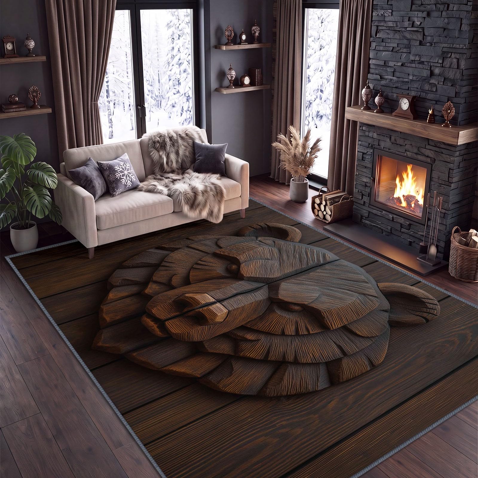 Alfombra antideslizante de madera natural, 160 x 230 cm, diseño de oso de vetas de madera, pelo corto, alfombra de salón, fácil de limpiar, para habitación juvenil, dormitorio, mesa de comedor, cocina