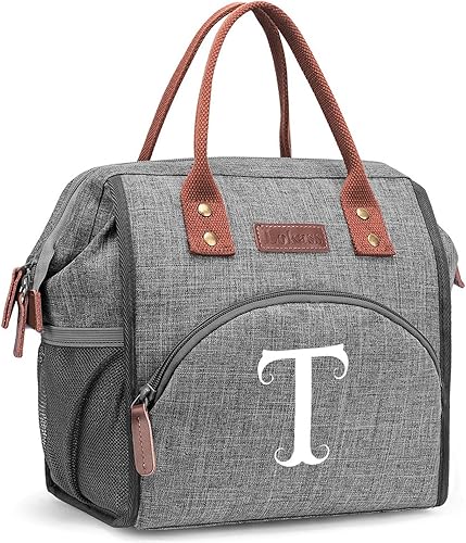 Lonchera con inicial para mujeres y mujeres, reutilizable, aislada, para adultos, bolsa de almuerzo de apertura amplia, bolsa enfriadora congelable