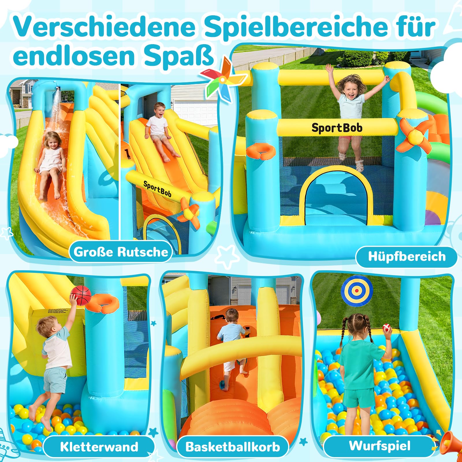 Hüpfburg mit Gebläse,Indoor/Outdoor Hüpfburg mit Rutsche, 2 Tunneln, Planschbecken, Sprungbereich, Basketballkorb für Hinterhof, Park und Familienzusammenkünfte,565x425x210 cm