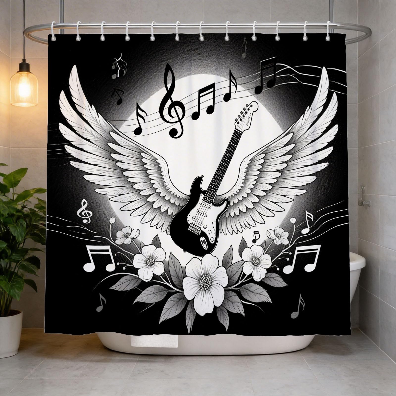 Hongduo 3D Guitar Shower Curtain for Stalls Bathtubs Cartoon Bathroom Decor Shower Curtain Set Polyester Fabric Waterproof 180x180cm/71X71 Inch with Hooks