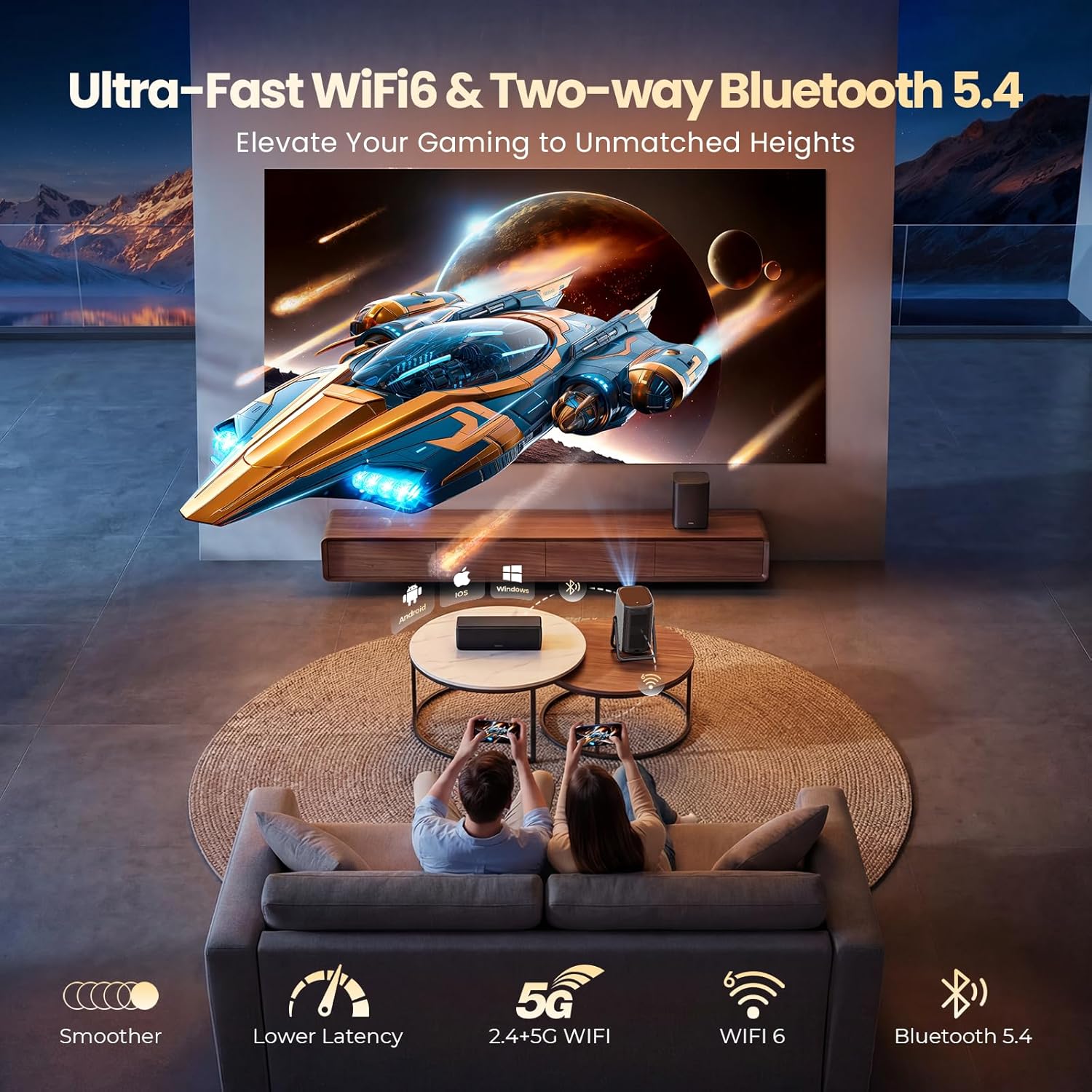 Short Throw Smart Projector with WiFi and Bluetooth Gray