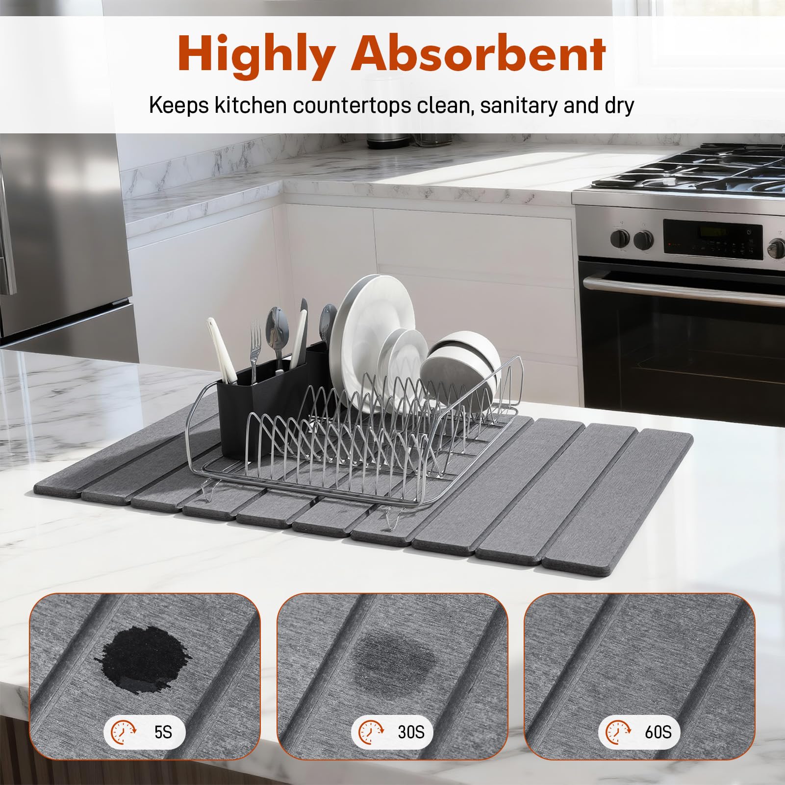 60×40cm Alfombrilla Escurreplatos de Diatomita, Escurreplatos Diatomita Absorción, Alfombra Diatomita Cocina Plegable, Rápida y Secado Piedra Escurridorde de Platos Vajilla (Gris Oscuro)