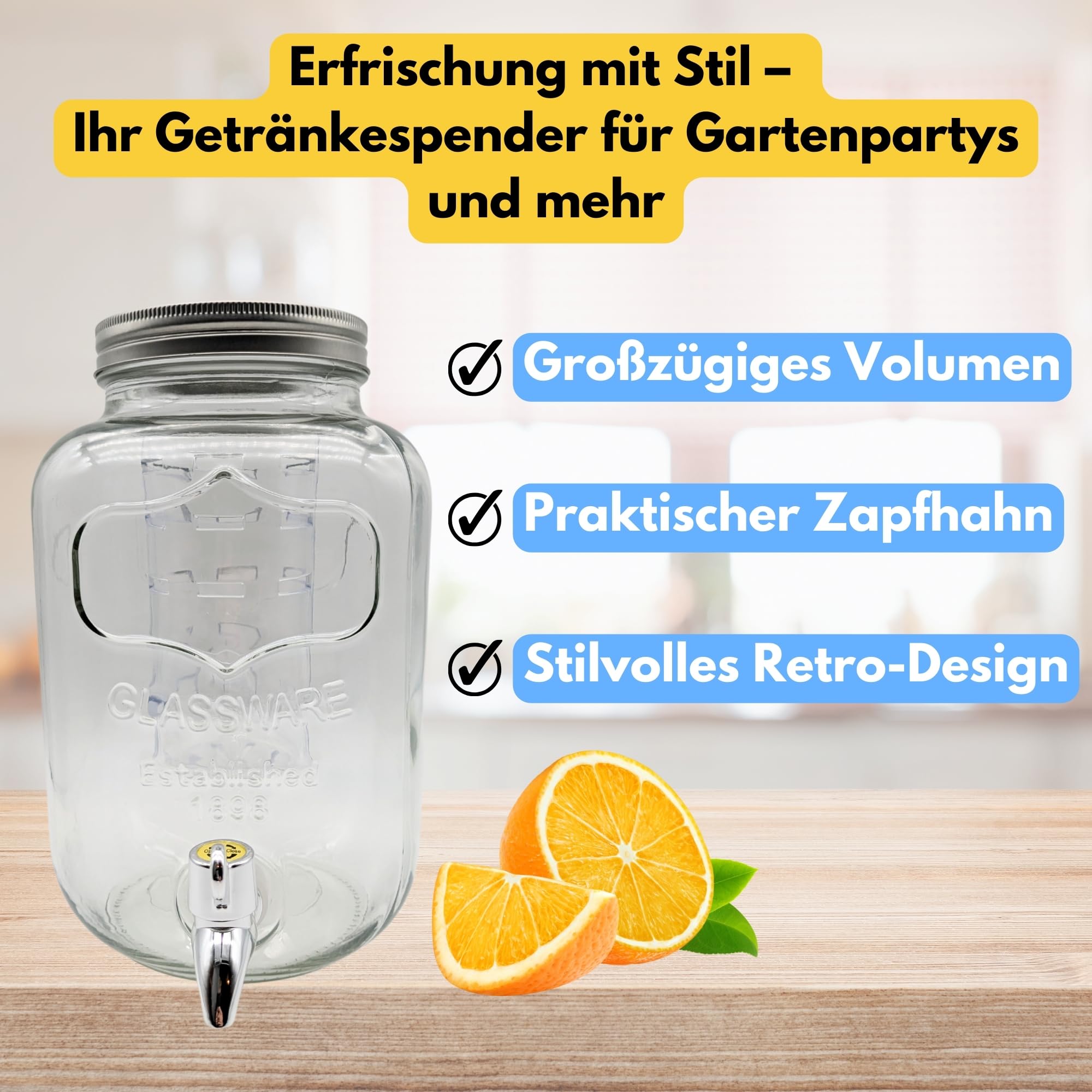 Getränkespender 4 Liter aus Glas Saftspender mit Zapfhahn und Fruchteinsatz ideal für Limonaden Wasserspender & GRATIS HLKauf-Block