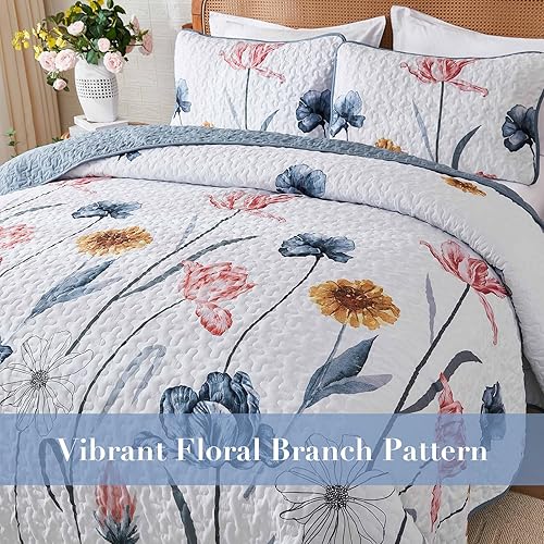 Miniatura 5 de WONGS BEDDING Juego de edredón floral Queen, juego de colcha de 3 piezas azul y rosa, cubrecama botánico, colcha suave y ligera con flores de granja