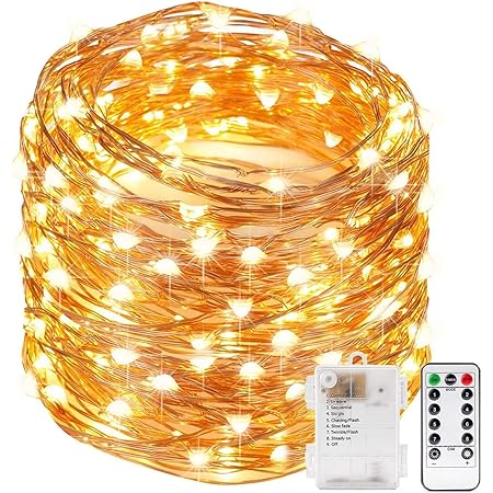 Amazon Co Jp Led イルミネーションライト Ledストリングスライト 50球 5m 電池式 リモコン付き 防水 防塵仕様 点滅 点灯 8パターン タイマー機能 フェアリーライト タイム設定付 調光可能 屋内 屋外兼用 Ledクリスマス装飾 気泡 新年 銅線ウォームホワイト おもちゃ