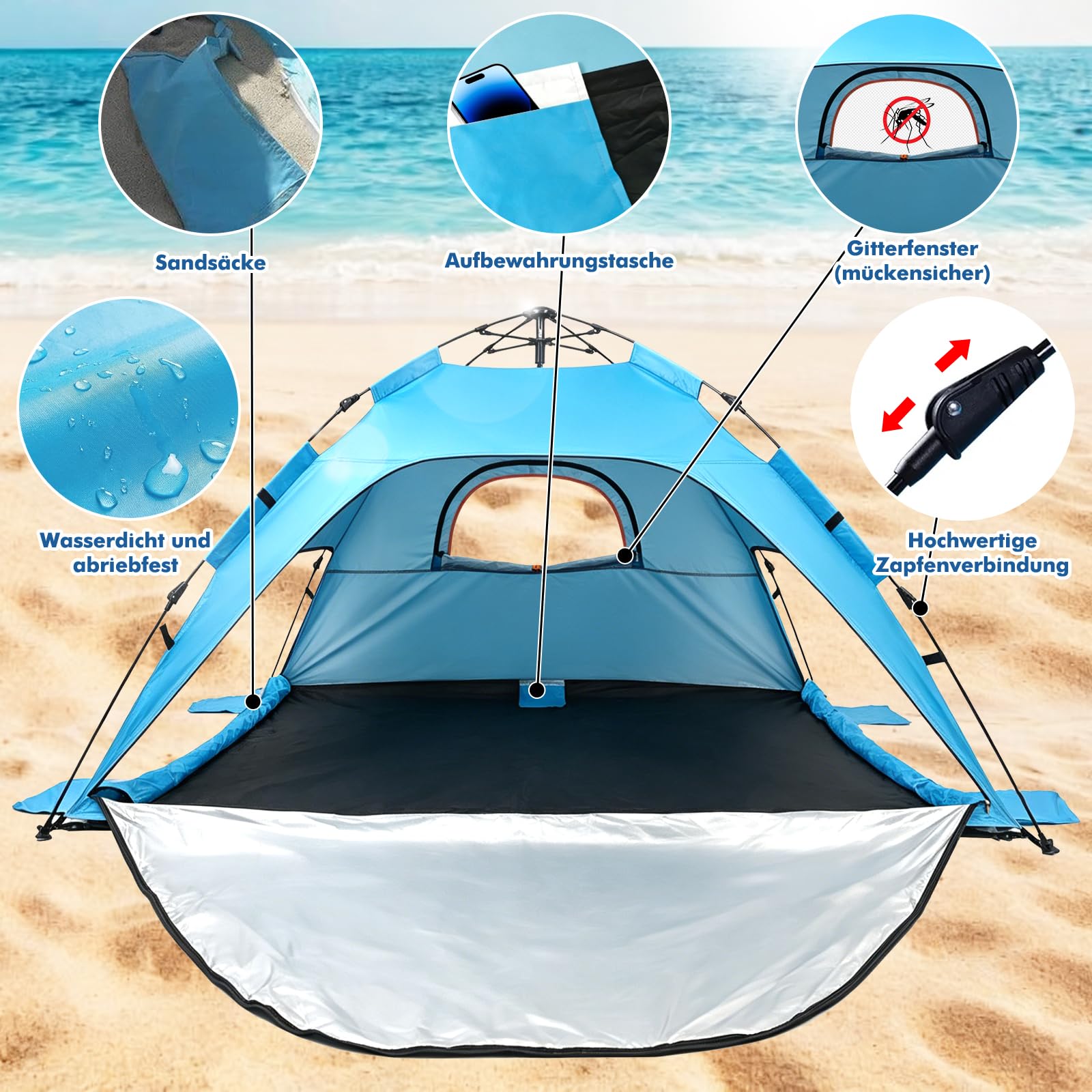 Strandzelt Strandmuschel Pop Up, UV Schutz 50+ Sonnenzelt mit Wasserdichter Strandmatte für 3-4 Personen, 3 Türen Belüftung & herausnehmbarer Boden, Tragbar Windschutz Baby Zelt für Strand Urlaub