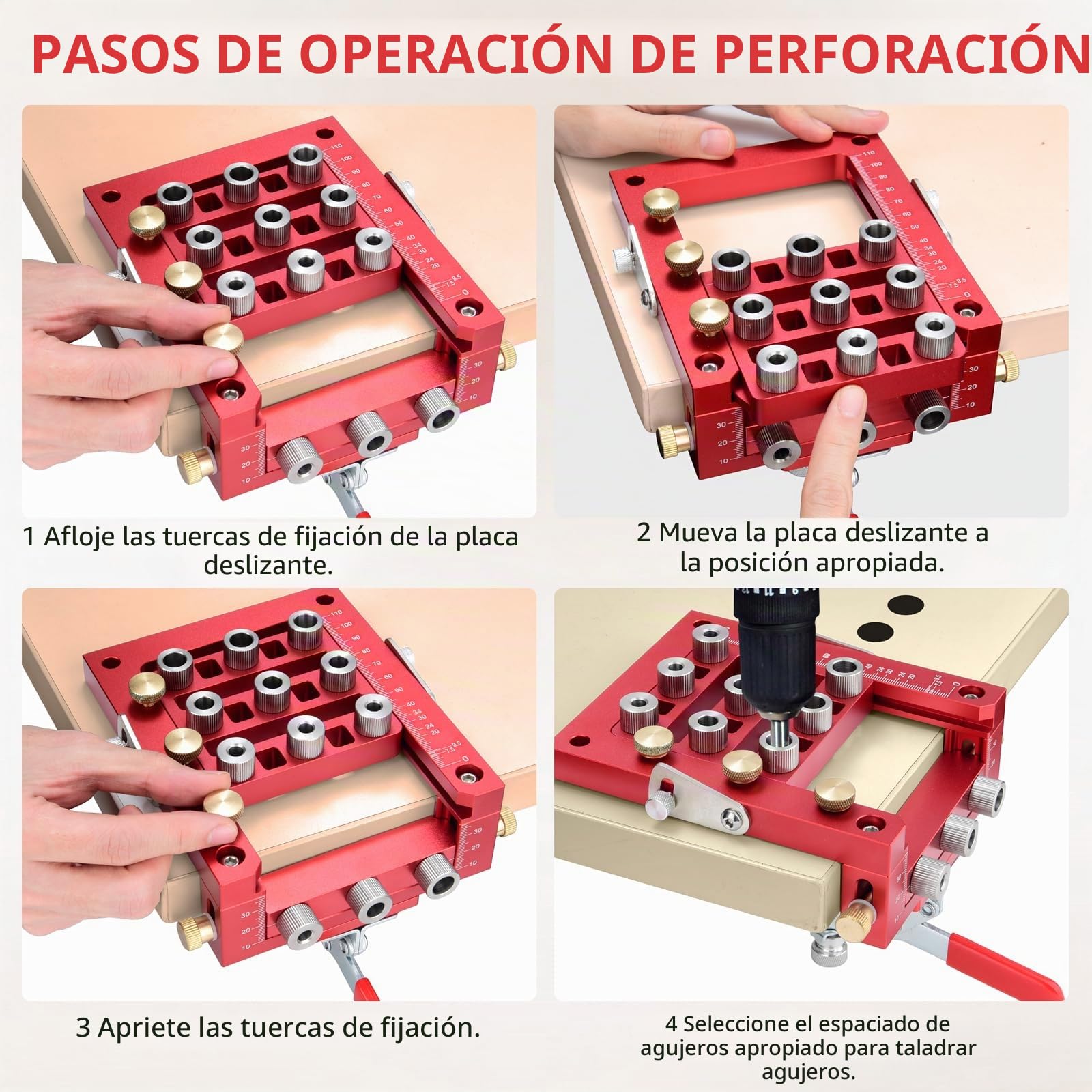 Plantilla para Pasadores 6/8/10mm, Guía de Bisagra 35/20/15/10/8/6mm, Localizador Perforación de Agujeros Autocentrante con Escala Precisa, para Gabinetes, Muebles Paneles, Carpintería Bricolaje