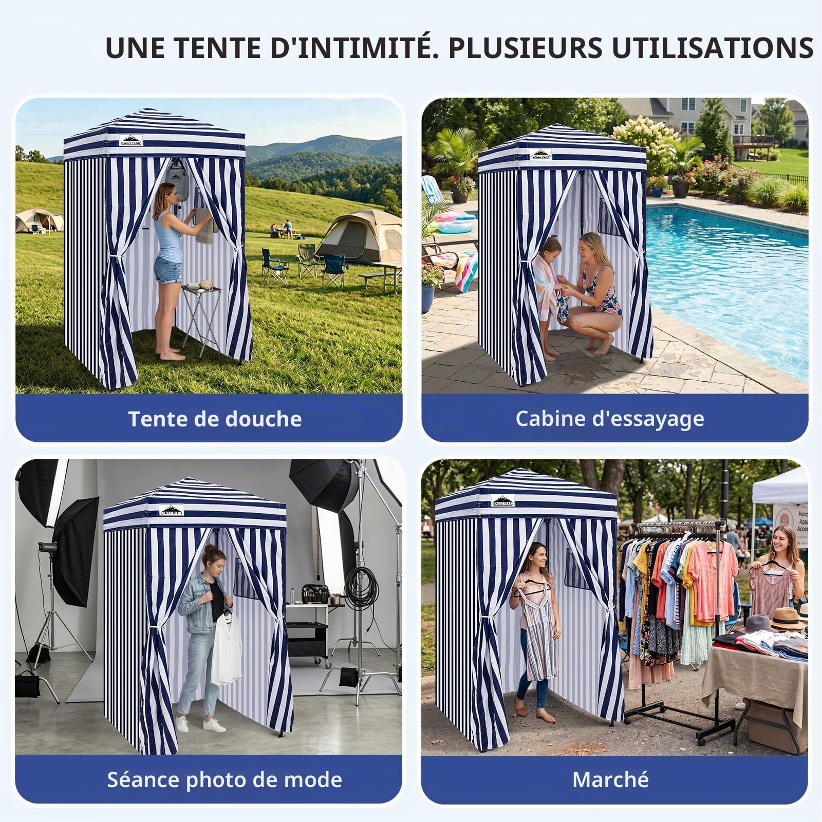 EAGLE PEAK Flex Ultra Compact 1,2x1,2 m Canopy Pop-up, Abri Solaire, Cabine d'essayage, Cabane de confidentialité Portable pour Piscine, séances Photo Tendance ou Camping, Bleu/Blanc