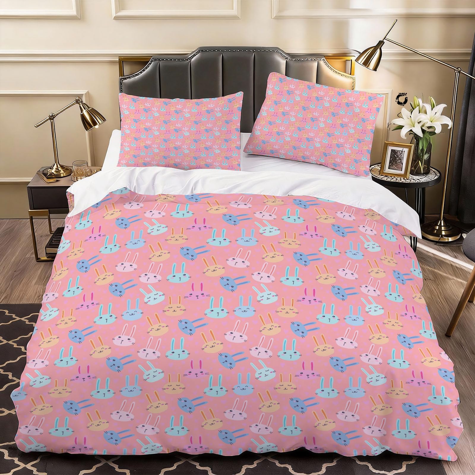 3D Cute Rabbit Duvet Cover Child Teen Bedding Double Bed Set, Soft Microfiber Comforter Cover Printed with Zipper Closure Quilt Coverr 200x200 cm and 2 Pillowcases