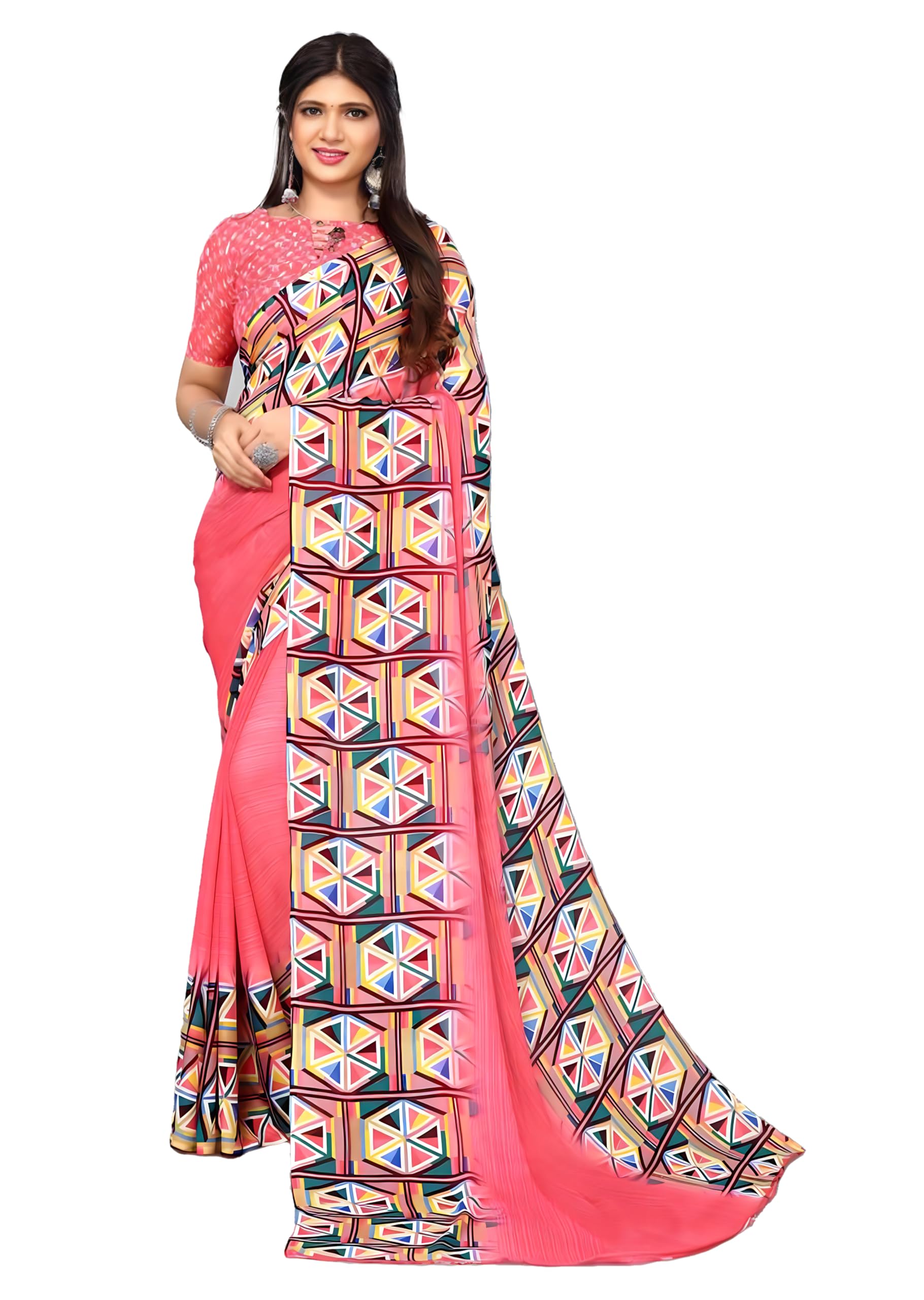 ETHNICMODEWomen Soft Light Weight Georgette Pink Saree For Women (Sari) 160