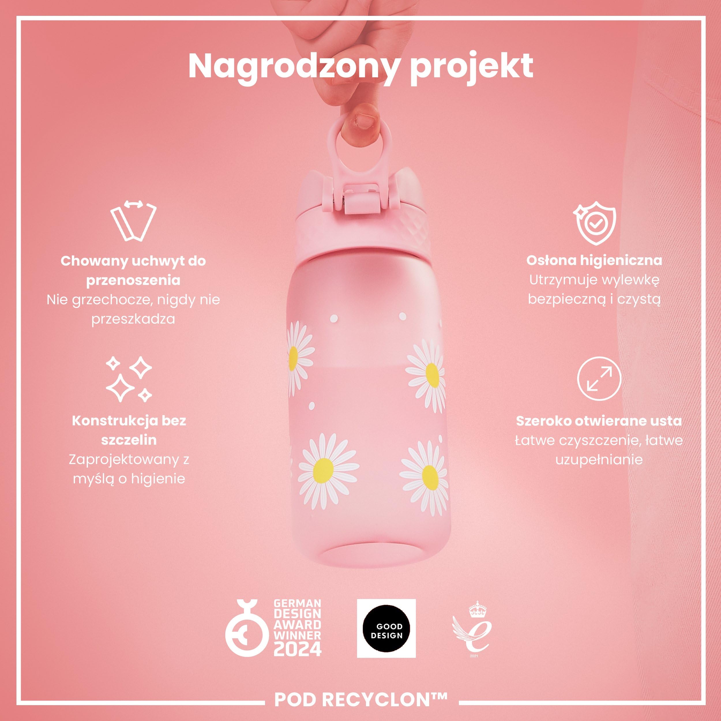 ION8 Butelka dla Dzieci, 350 ml/12 oz, Szczelna, Łatwa do Otwarcia, Bezpieczny Zamek, Można Myć w Zmywarce, Bez BPA, Uchwyt do Przenoszenia, Łatwa do Czyszczenia, Bezwonny, Stokrotki