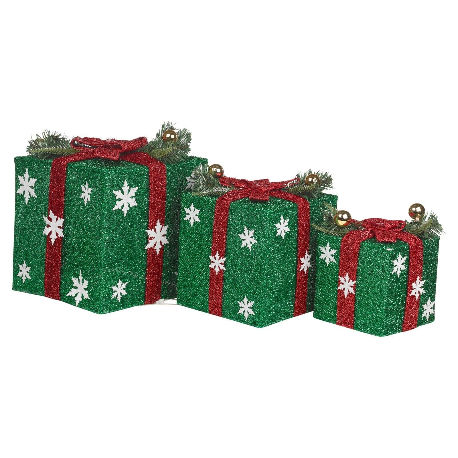 Urbnliving Green 3 Piece Light Up Led Gift Box Christmas Decorations Fireplace Display Xmas Decor (Green)