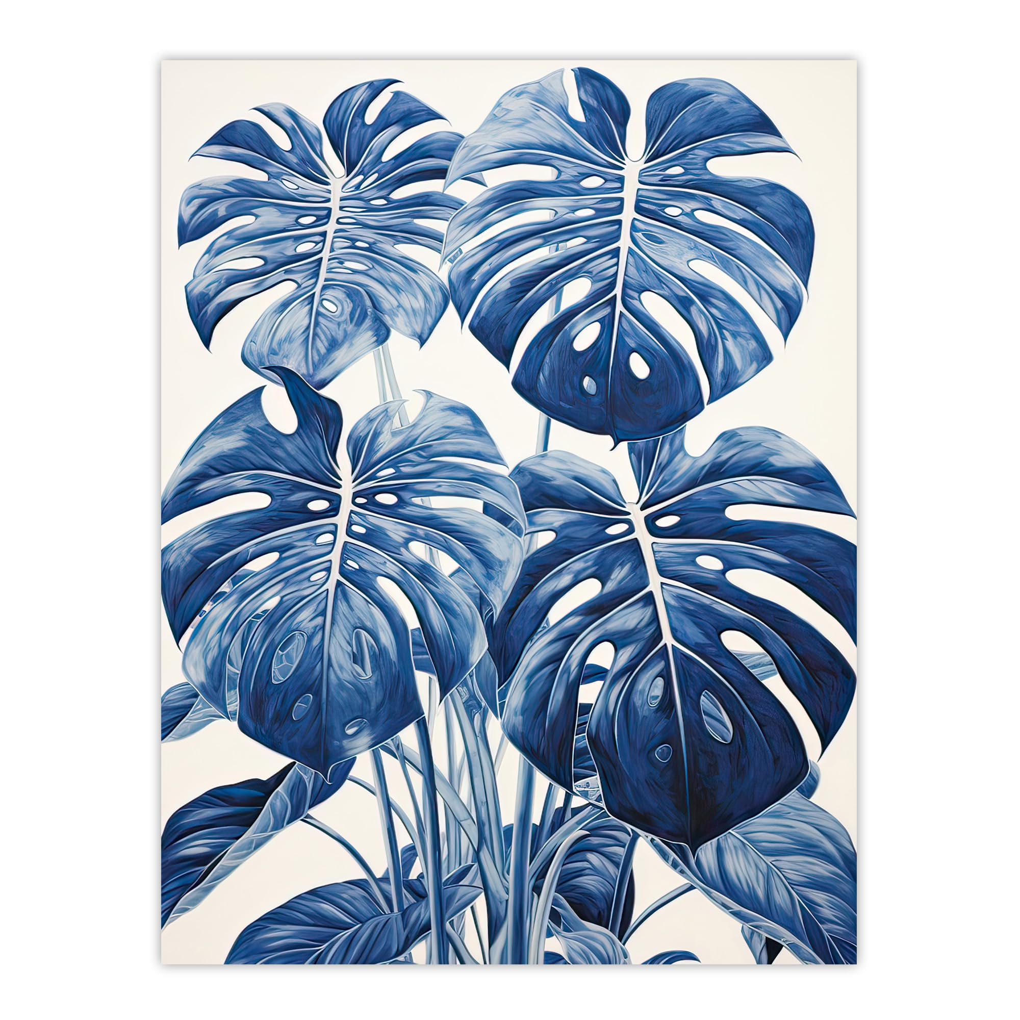 Artery8 Monstera Plant Leaves Detailed Blue Pencil Drawing Large Wall Art Poster Print Thick Paper 18X24 Inch