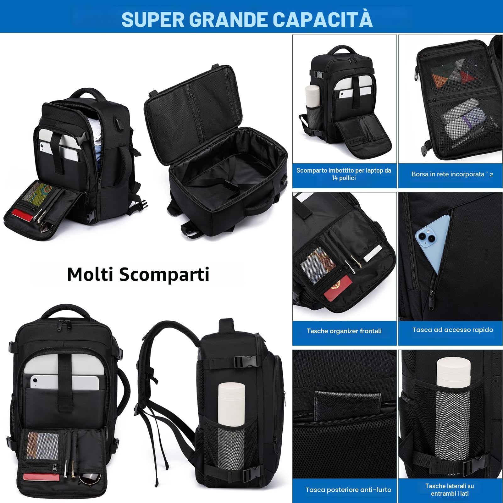 WENIG Zaino Ryanair 40x20x25 Bagaglio a Mano 20L Borsa da Cabina 14 Pollici Porta PC con Caricatore USB Nero