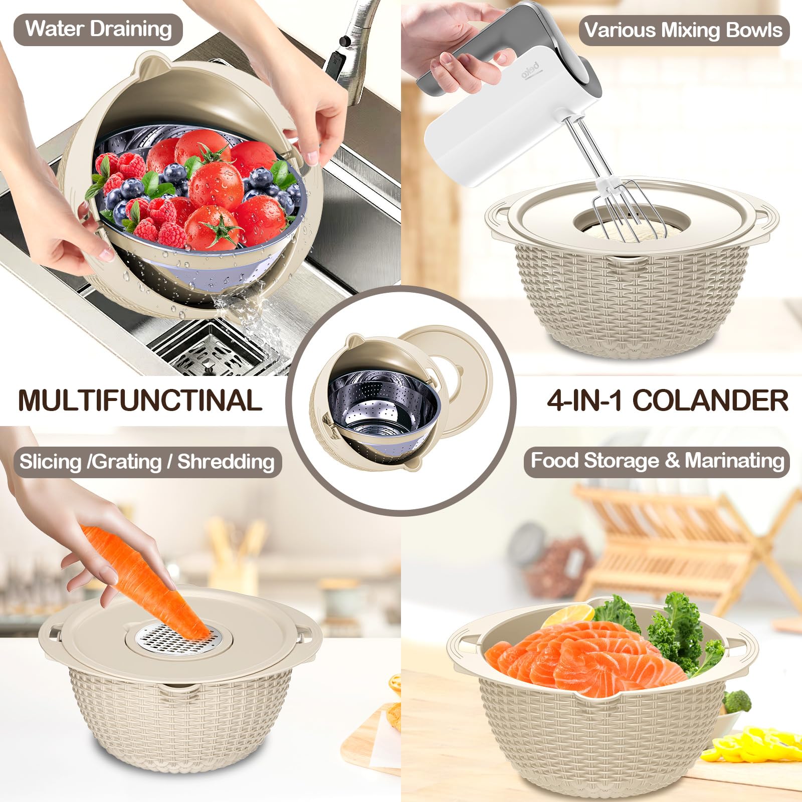 Scolapasta, 4-1 con ciotole per mescolare, colini per cucina, colini per alimenti con grattugia, gadget da cucina cestino per scolare pasta, verdura, frutta e verdura, beige