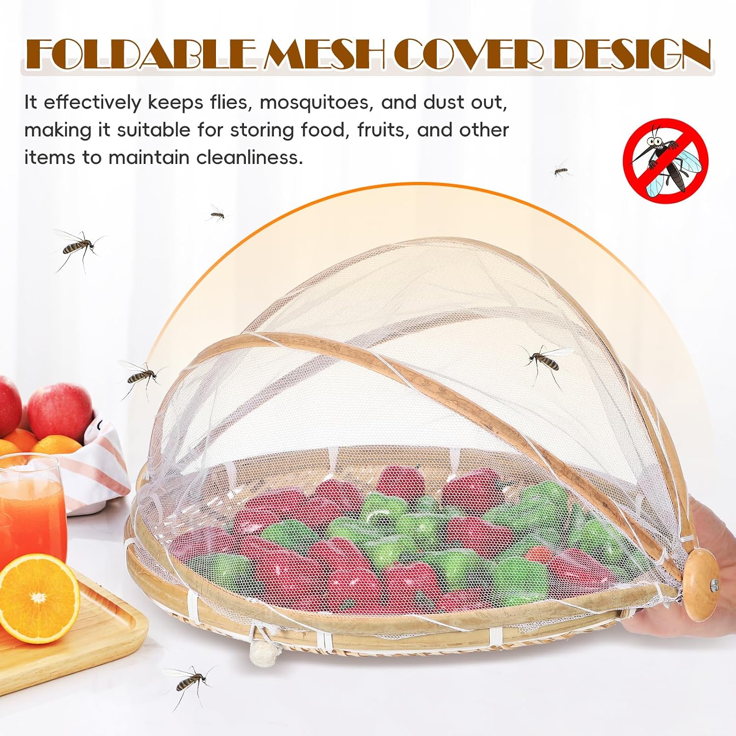 3Pcs Mesh Fruit Basket with Lid, Bamboo Food Tents