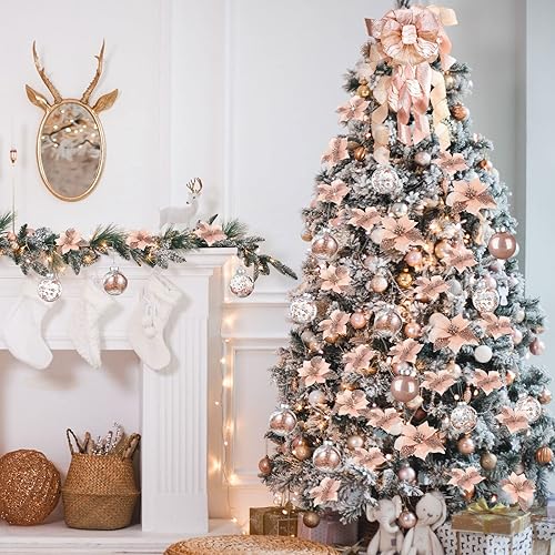 Miniatura 8 de Juego de 49 piezas de decoración de árbol de Navidad de oro rosa, 24 flores de Pascua artificiales con purpurina y adornos de bolas de Navidad de