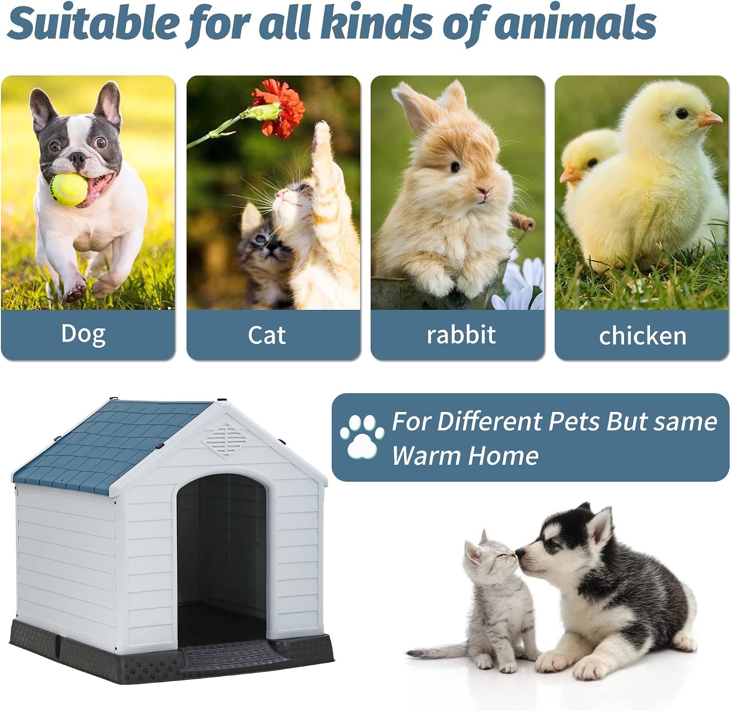 Large Dog House,Stable Waterproof Plastic Dog Kennel for Small Medium Large Dogs, Indoor Outdoor Pet Shelter with Air Vents and Elevated Floor