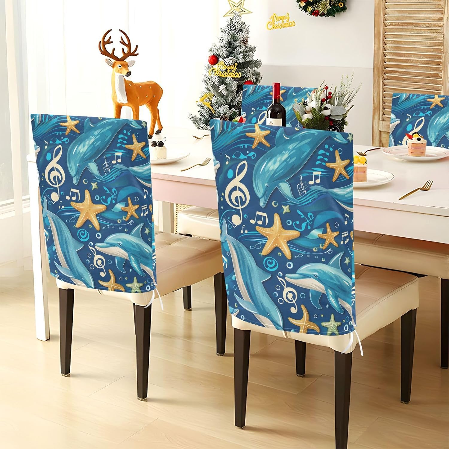 ALAZA Dolphins Starfish Music Notes Chair Back Cover Set of 6, Washable Reusable Removable Chair Slipcovers Decorative Chair Cover for Home Kitchen Wedding Party