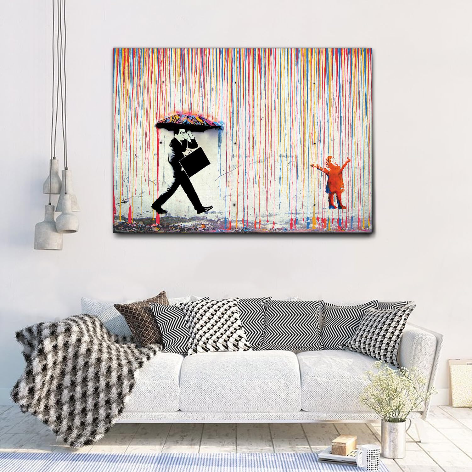 Giallobus - Obraz - Banksy - Deszcz kolorów - Standaard frame canvas - 140L x 100l cm - Gotowe do powieszenia - Nowoczesne obrazy do domu