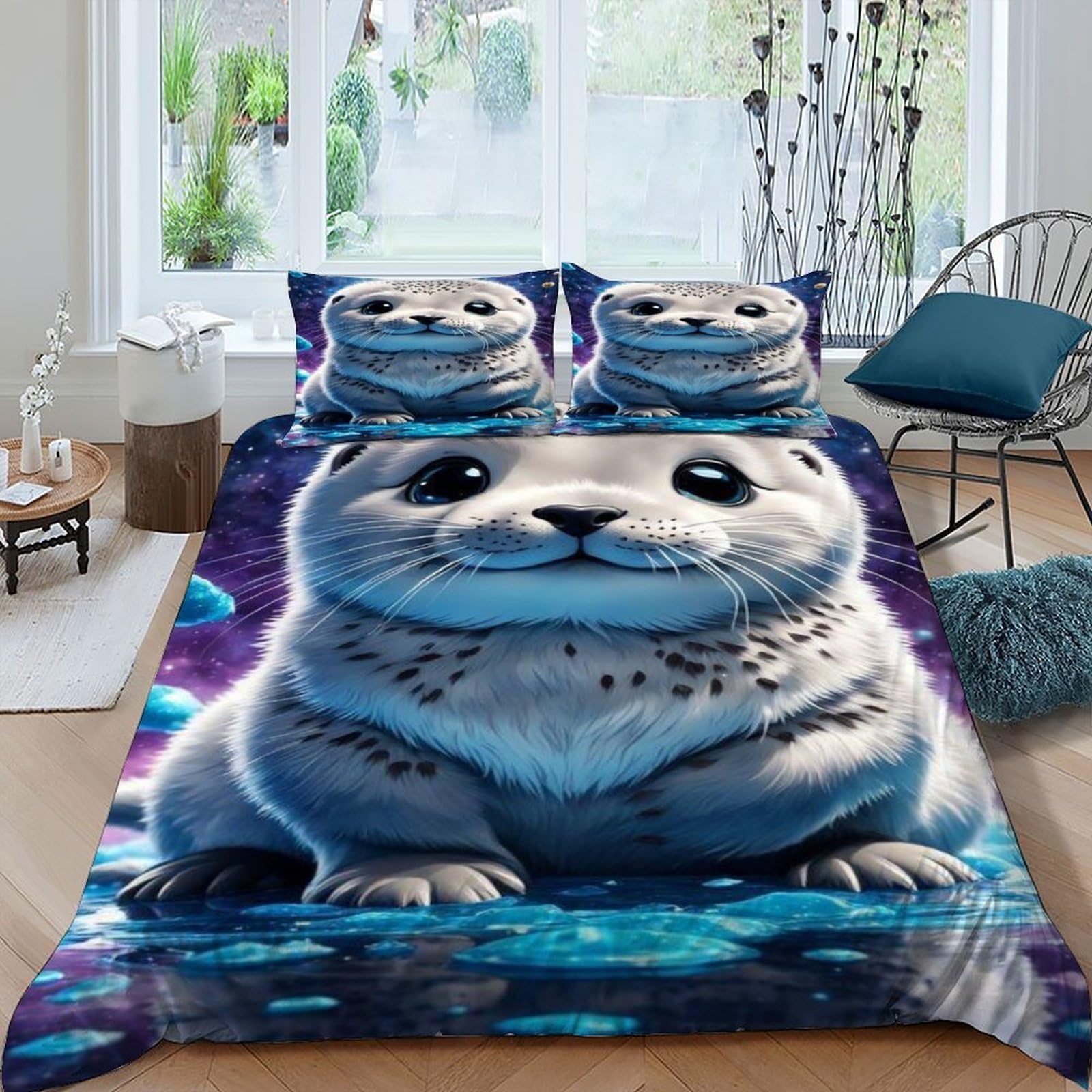 Parure de lit animaux marins housse couette microfibre thermorégulatrice grand lit king