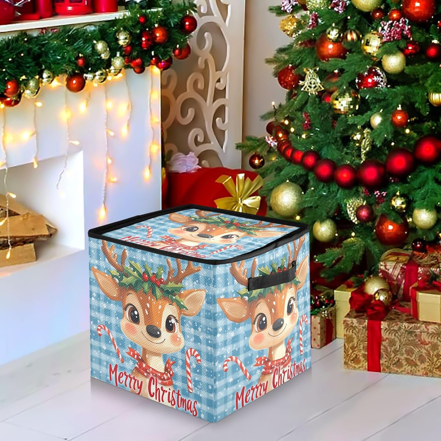 High Capacity Christmas ornament storage bag Holds Up to 64, Two Handles Foldable Holiday Storage Case with Lid,Christmas Deers Cute