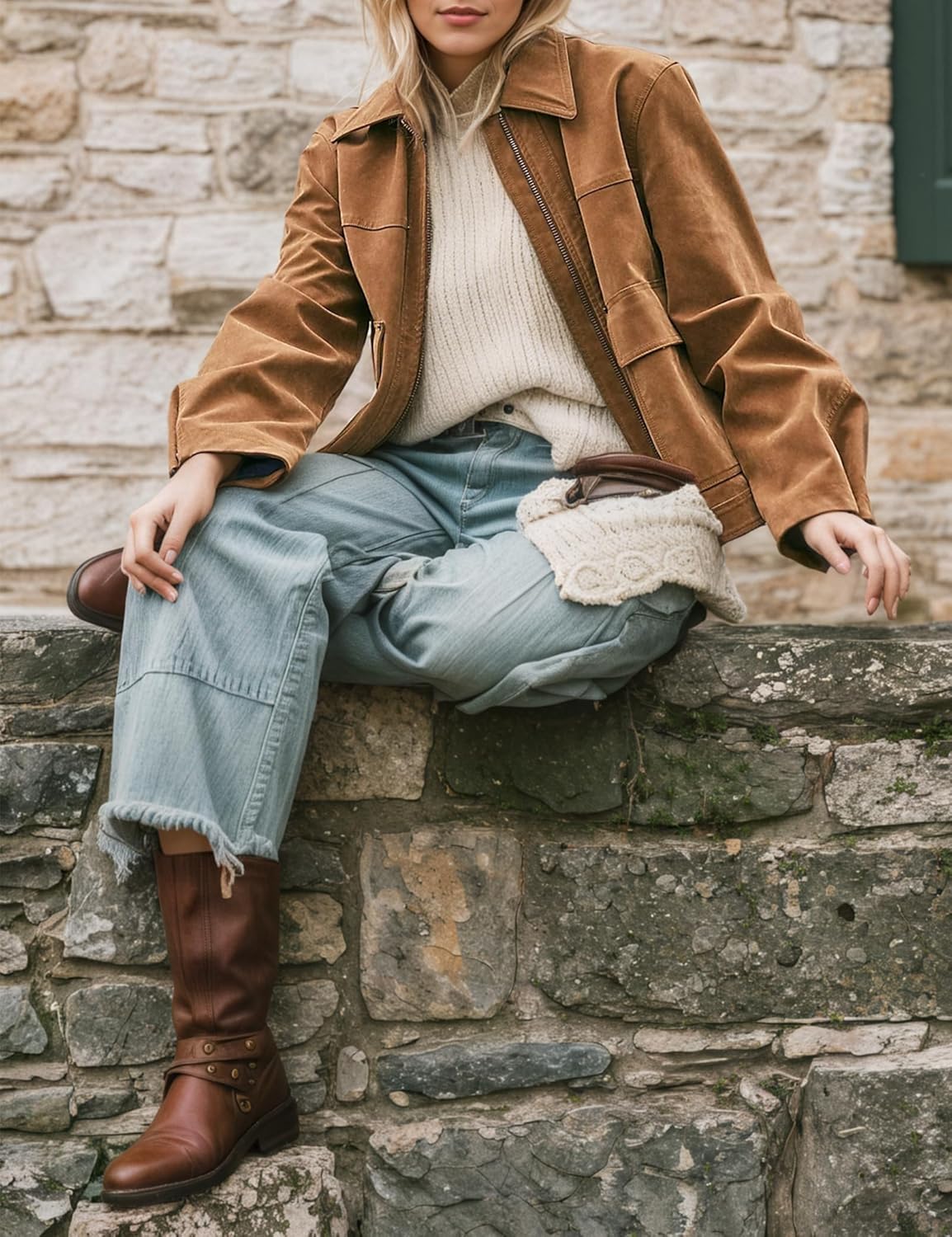 Women Vegan Suede Bomber Lightweight Cropped Jacket Loose Lapel Long Sleeve Zip Up Coat Casual Spring with Pockets - Image 4