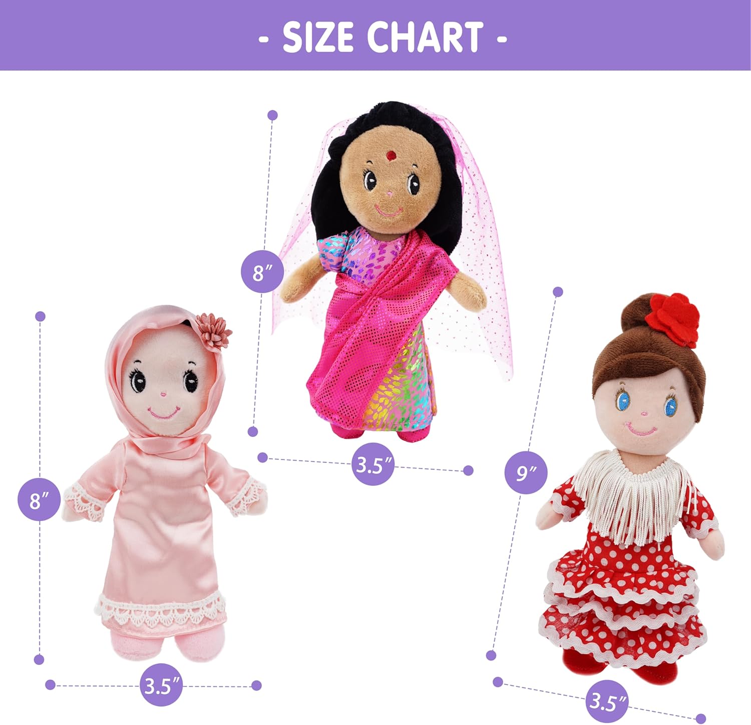 June Garden 3-Piece Multicultural Soft Dolls Set – Plush Cultural Diversity Dolls for Toddlers and Kids – Includes Flamenco Dancer, Indian Girl, and Hijabi Girl – 7” Plush Dolls for Pretend Play