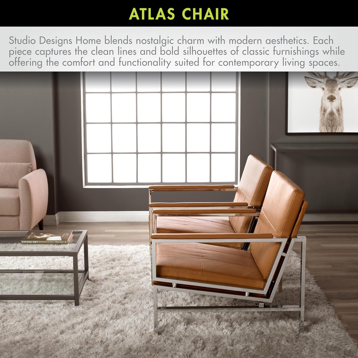 Studio Designs Atlas Modern Accent Chair with Padded Armrests - 29.5" W x 32" D x 33" H - Armchair for Home or Office - Caramel Brown Bonded Leather Fabric and Chrome Legs