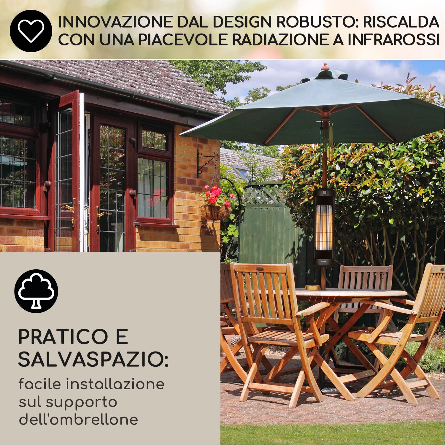 blumfeldt Heat Guru - Stufa infrarossi, terrazza, riscaldatore da esterno con protezione IP54, lampada infrarossi riscaldante con basamento e telecomando, 2000 W