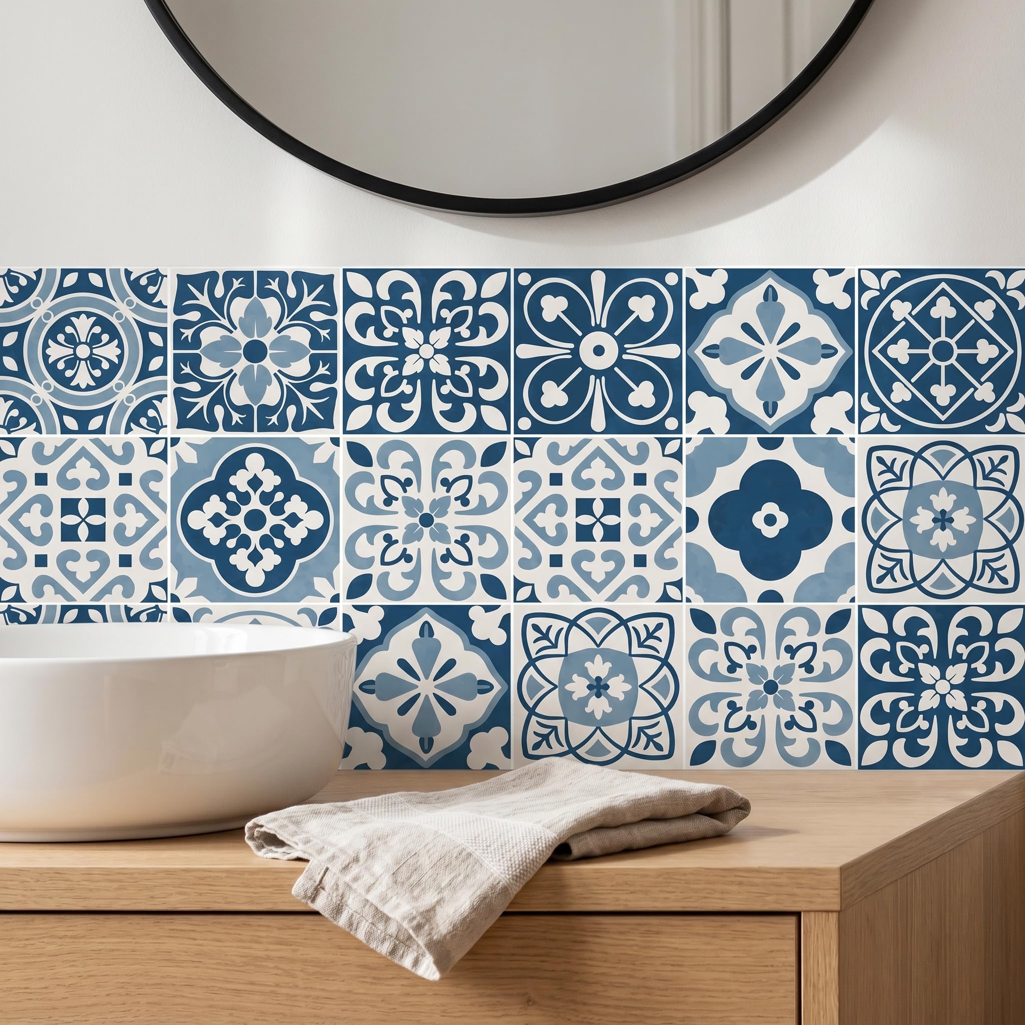MEIHEA 30 Pack Blue and White Peel and Stick Backsplash, 4x4 Inch Mediterranean Tile Stickers, Waterproof Vinyl Wall Decals for Kitchen & Bathroom
