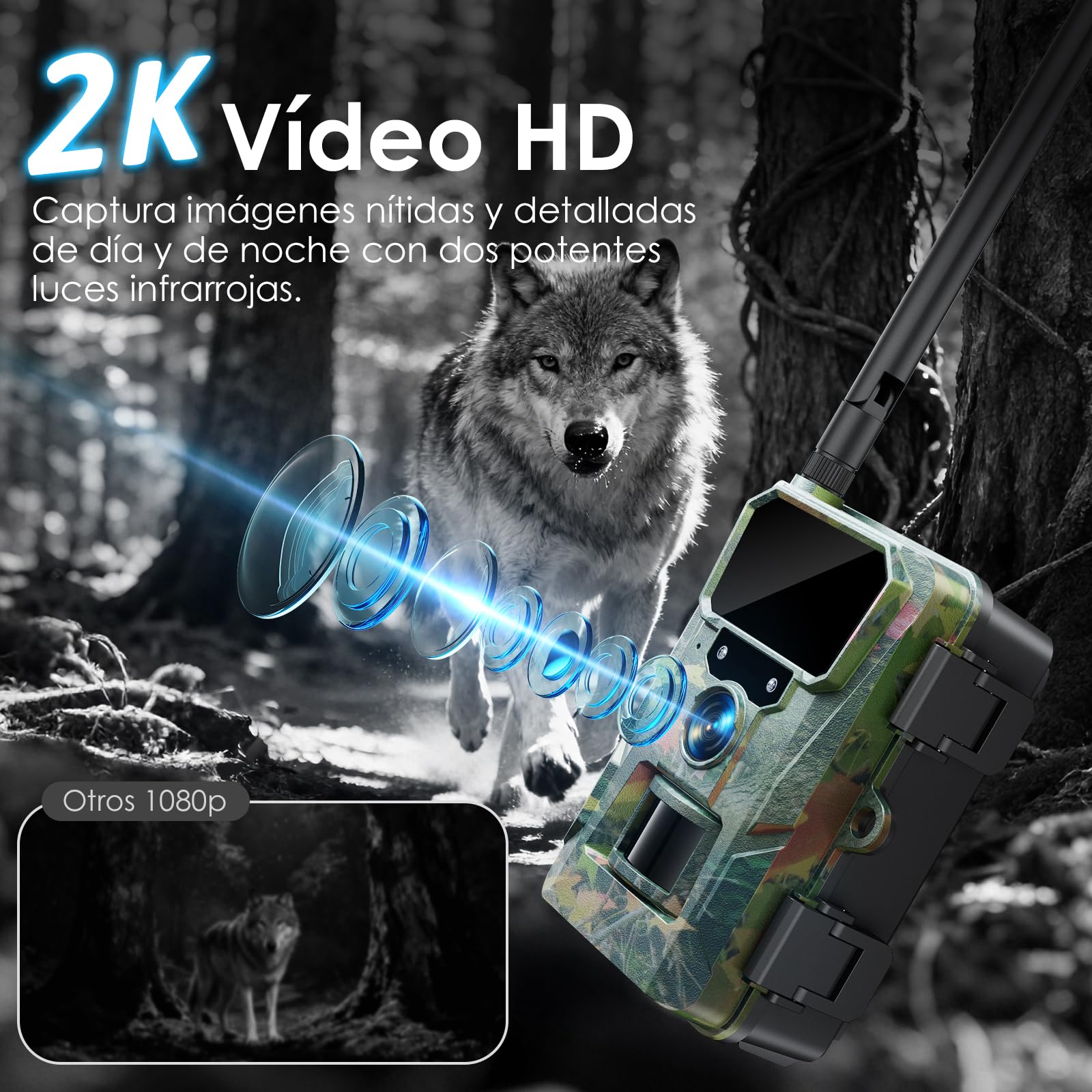 WOLFANG Cámara de Caza 4G, Cámara Fototrampeo 48MP 2K, 5200 mAh Batería, Nocturna 850 NM LED IR con 0,2 s Activación, Cámara Caza Impermeable IP66 para Vida Silvestre