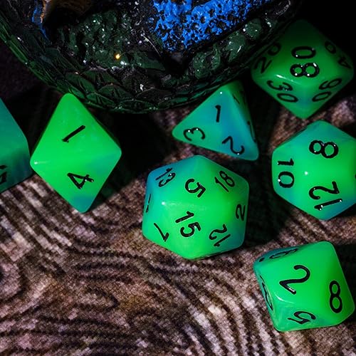 Miniatura 4 de Dados DND que brillan en la oscuridad, 7 piezas de troqueles poliédricos luminosos con bolsa de troquel de cuero, dados D&D brillantes para