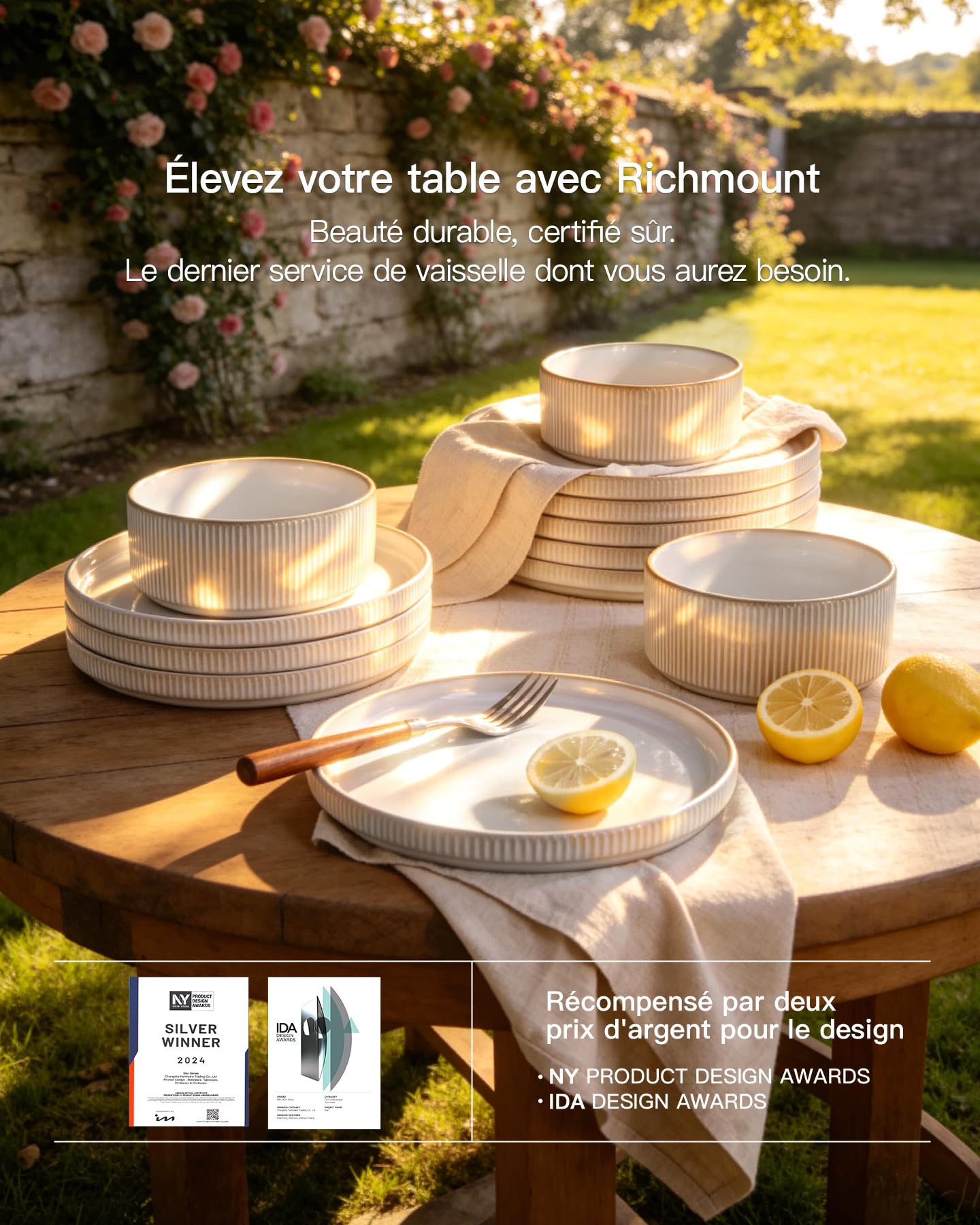 Richmount Star Set d'assiettes 12 pièces, Set de vaisselle 4 personnes, Set de vaisselle en faïence, Service de table anti-rayures, Micro-ondes & Lave-vaisselle, Cappuccino Blanc