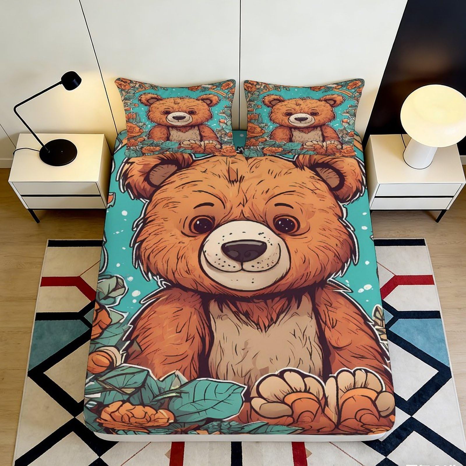 3D Printed Cartoon Bear Fitted Sheet Soft Microfiber Deep Pocket Non-Slip Cute Bear Mattress Fitted Cover Full Wrap for Bedroom 90x200x25cm