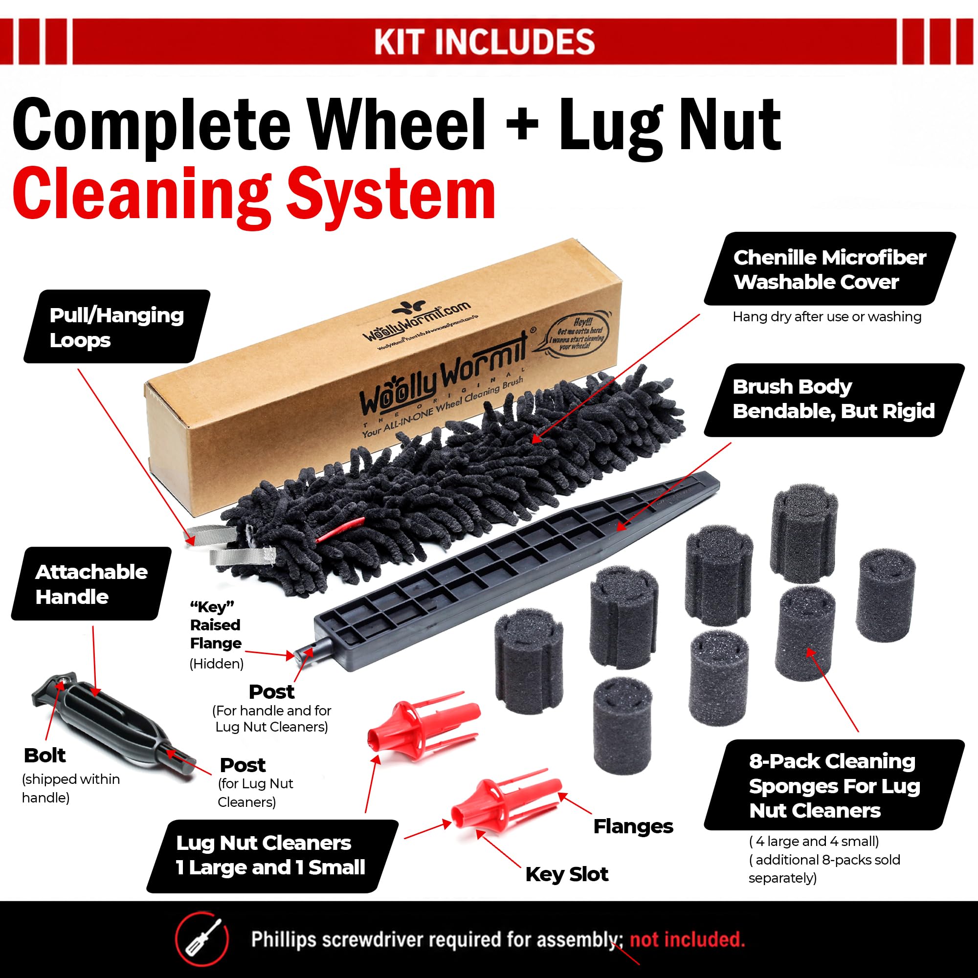 Woollywormit Kit de Limpieza de Ruedas de Coche, Tuercas de Ruedas de Coche, Cepillo para Llantas y Tuercas