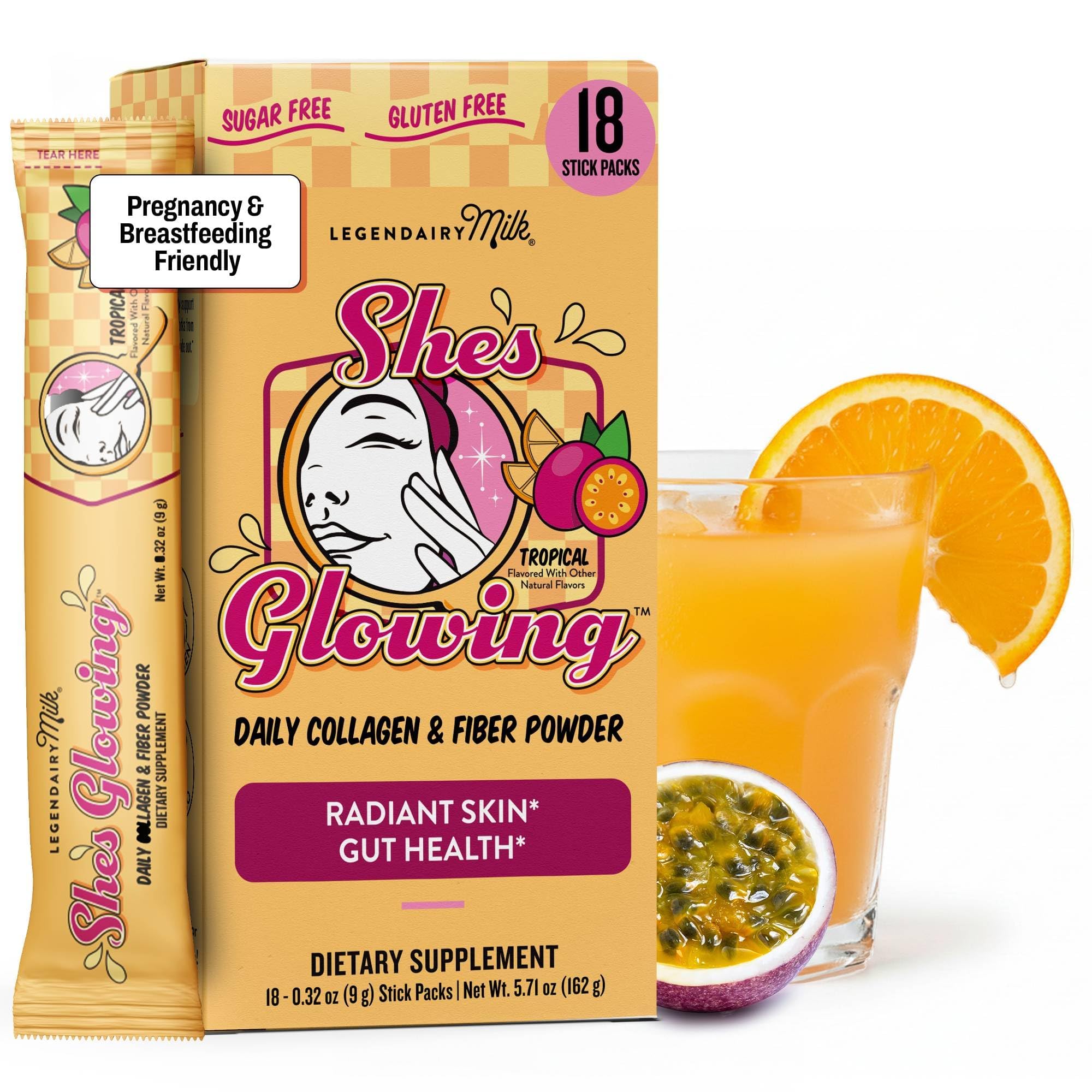 Legendairy Milk She's Glowing Collagen Powder & Prebiotic Fiber, 18 Sticks