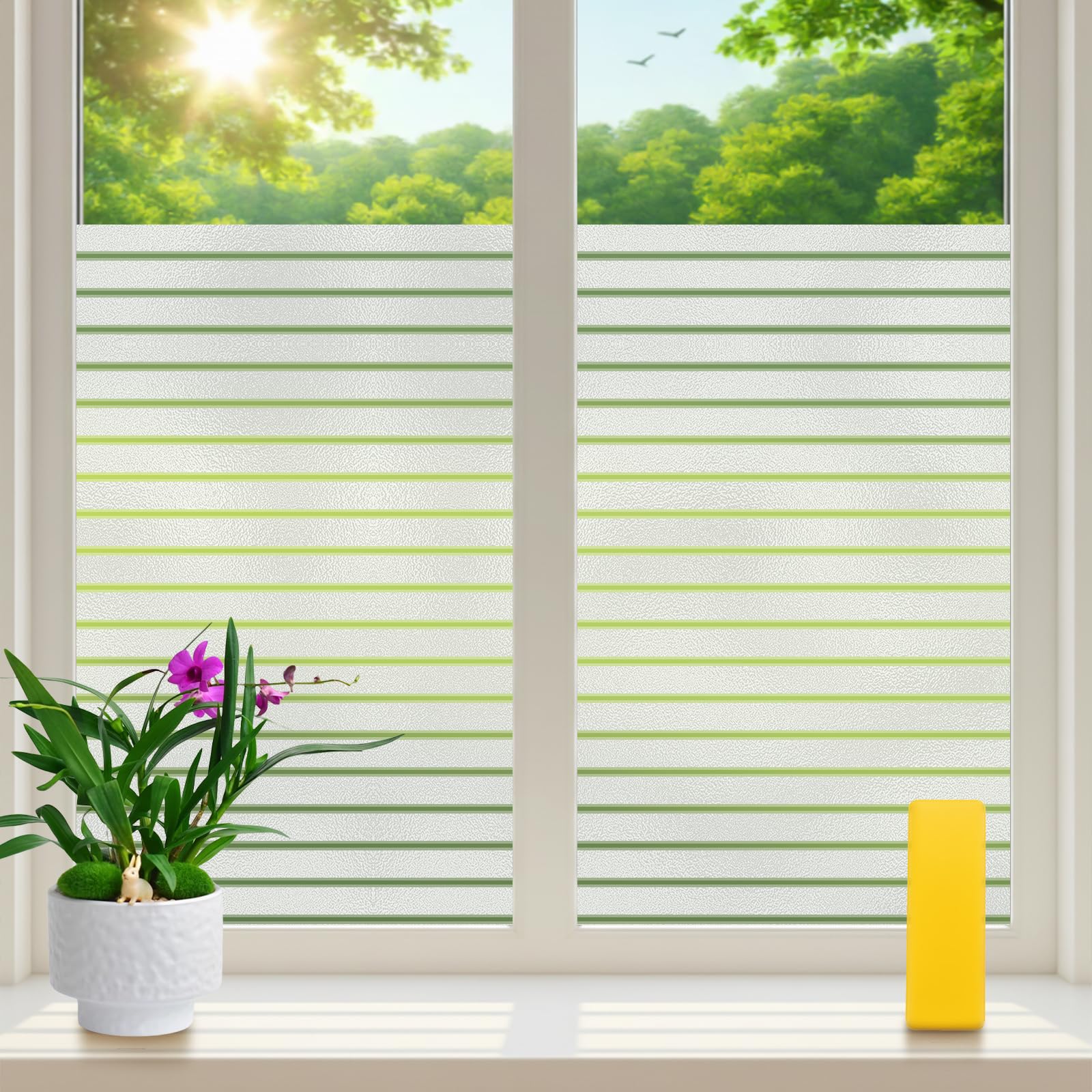 Zindoo Window Film Privacy Film for Glass Windows 90x200cm, Frosted Stripe Pattern Static Cling, Opaque No Glue Sticker Glass Coverings Vinyl UV Protection for Office Home Kitchen